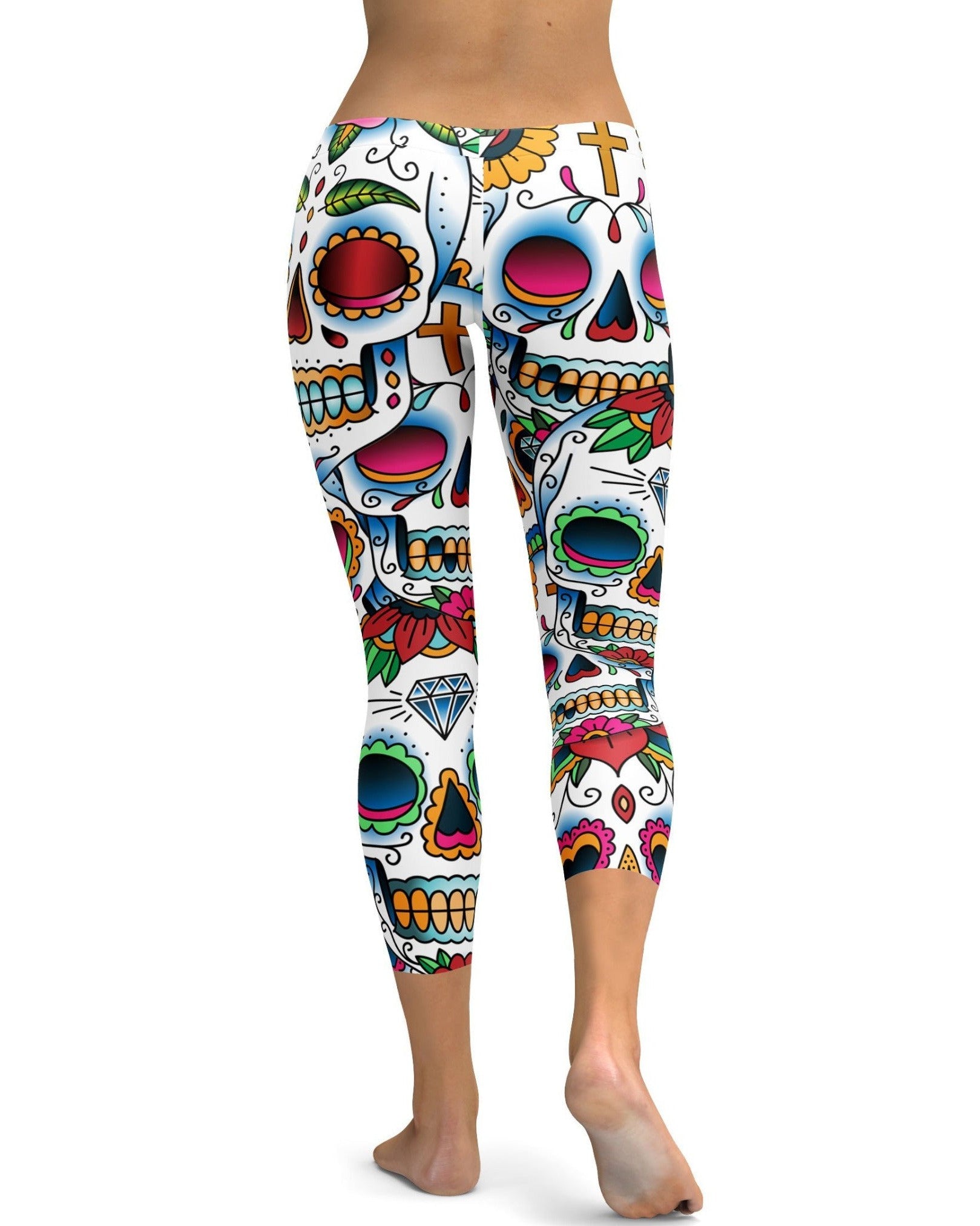 womens workout capri leggings with Sugar Skull design