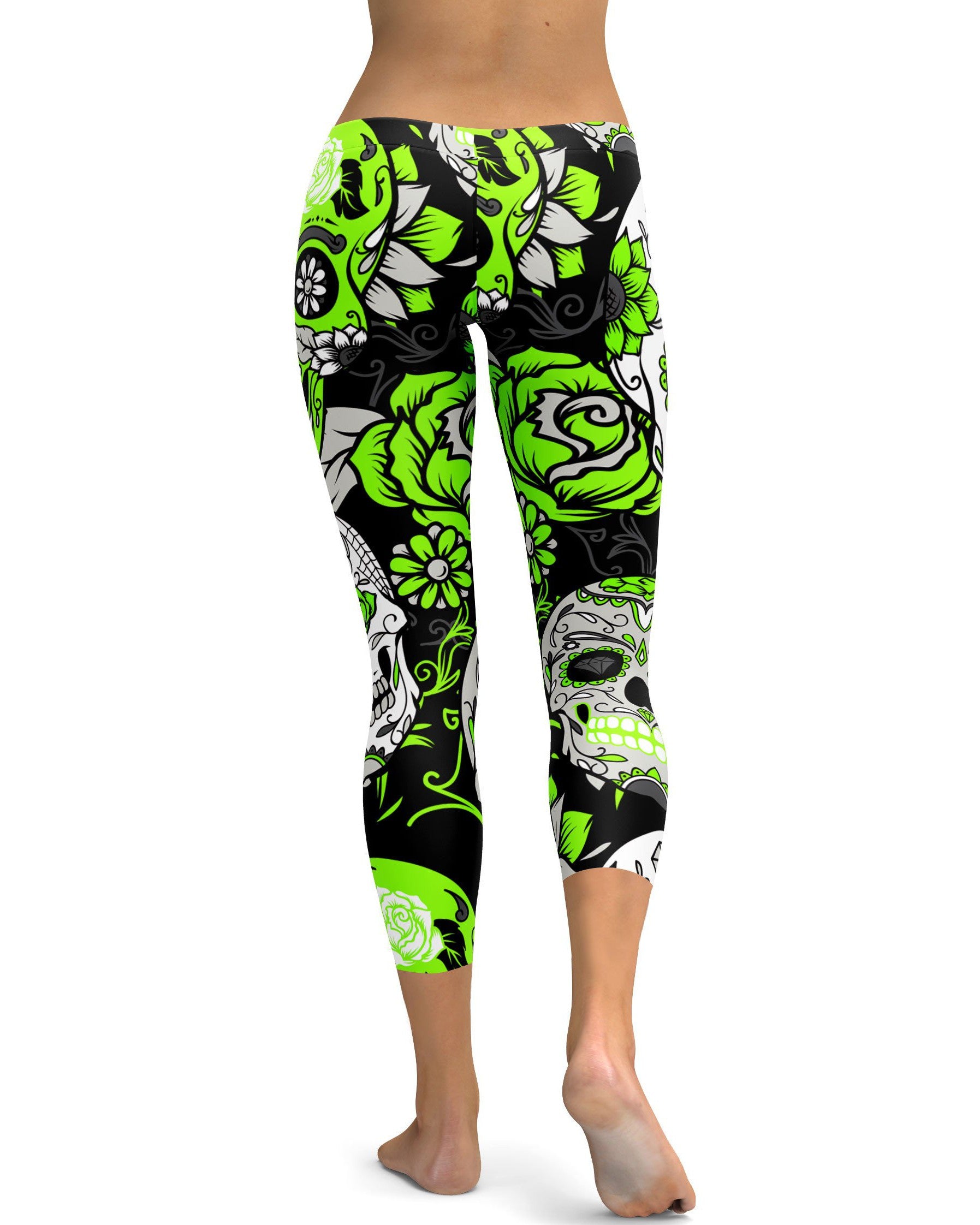 Lime Green Sugar Skull Capris - GearBunch Leggings / Yoga Pants