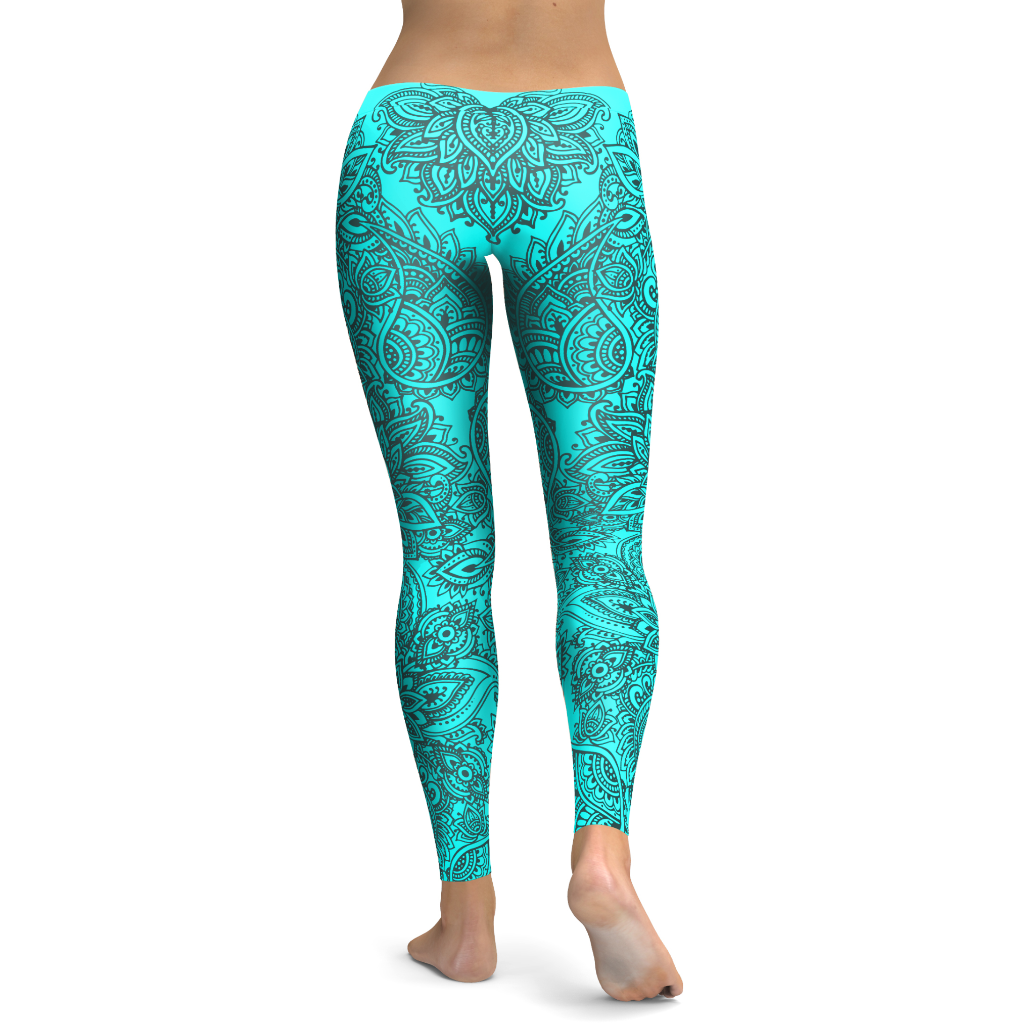 Womens Workout Yoga Aqua and Slate Grey Henna Tattoo Leggings  | Gear Bunch