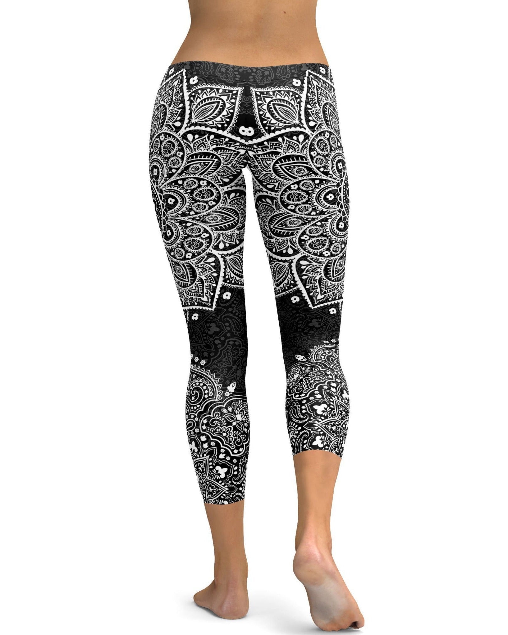 Womens workout and yoga B&W Mandala Capris Leggings