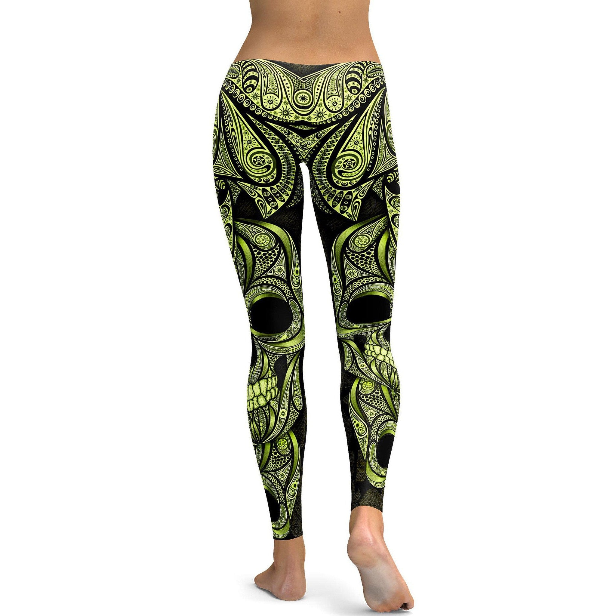 Yellow Ornamental Skull Leggings - GearBunch Leggings / Yoga Pants