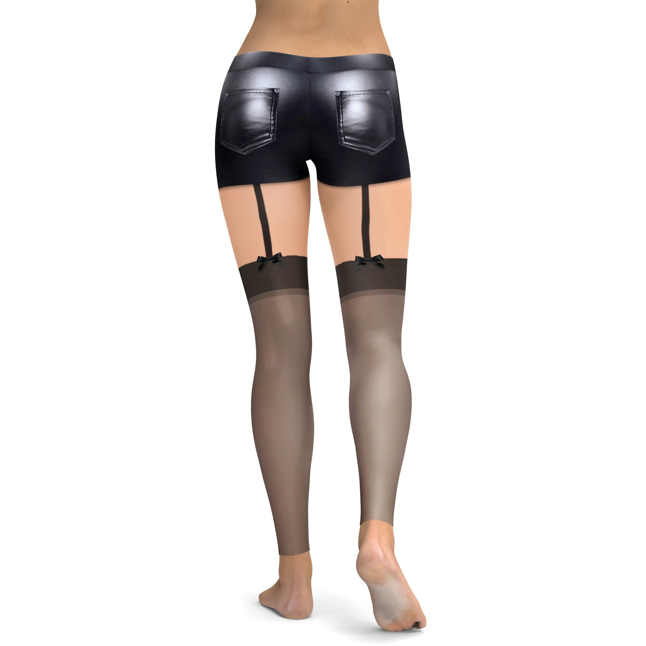 Faux Stockings with Leather Shorts Leggings | GearBunch