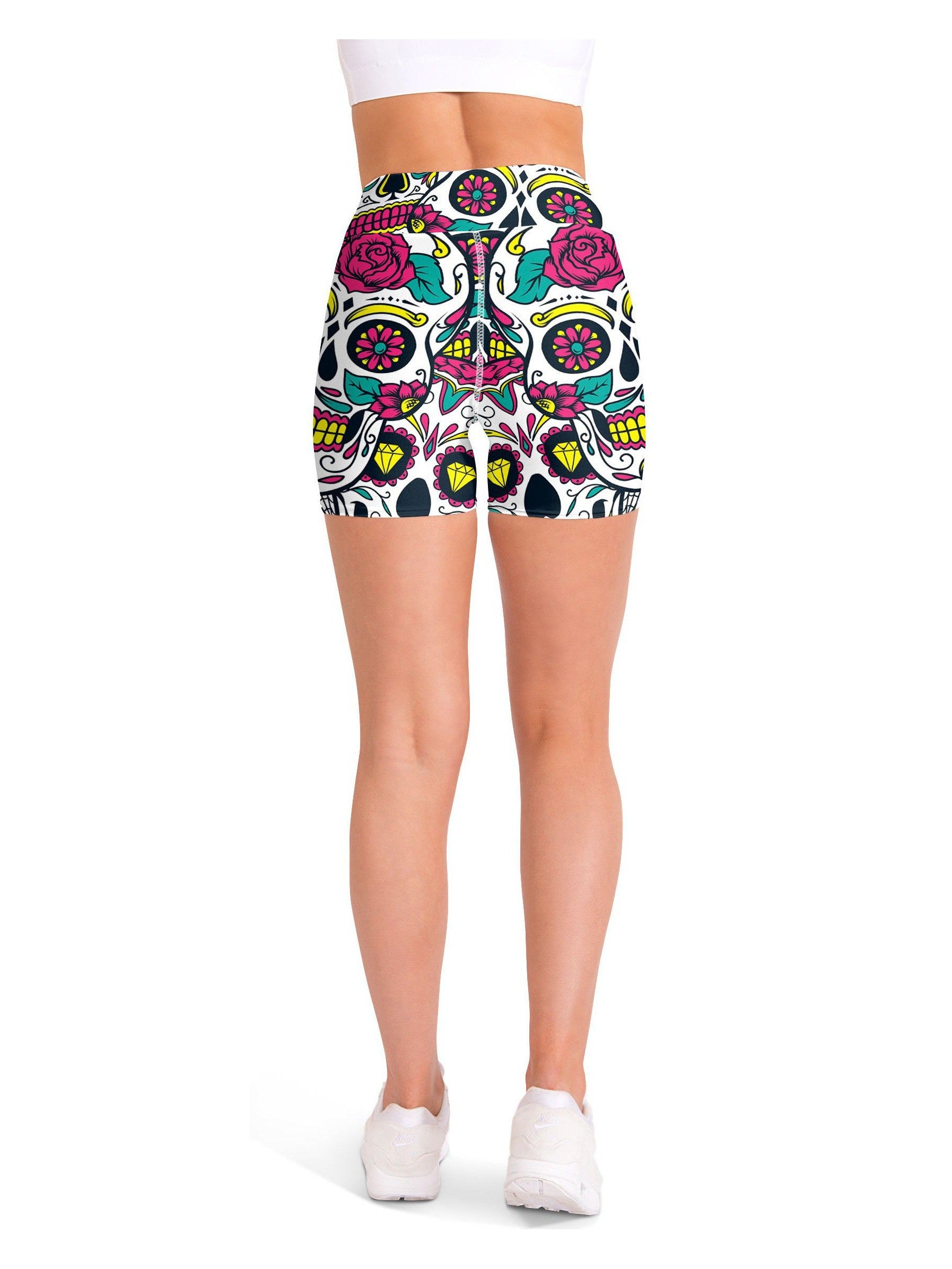 Colorful Sugar Skull Yoga Shorts Gearbunch