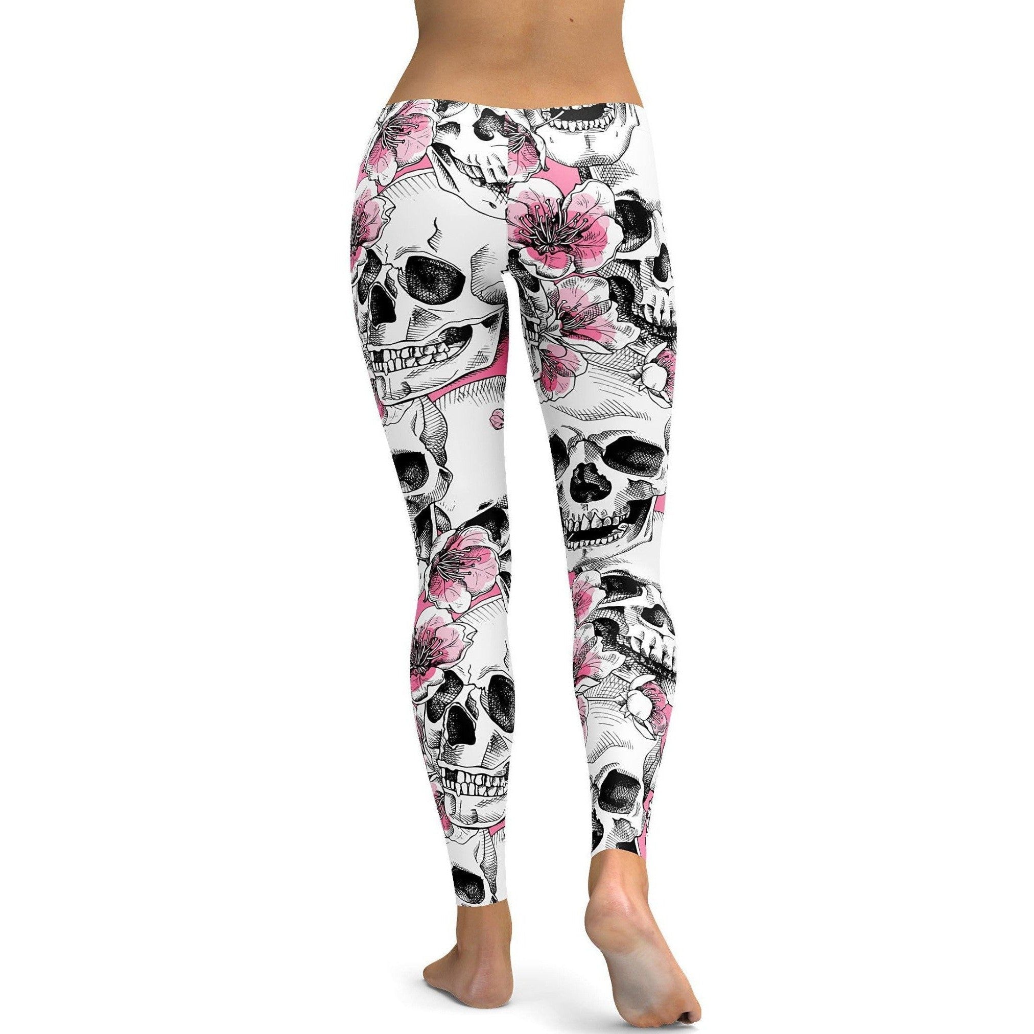 Womens Workout Yoga Pink Floral Skulls Leggings Black/Pink/Grey | Gearbunch.com