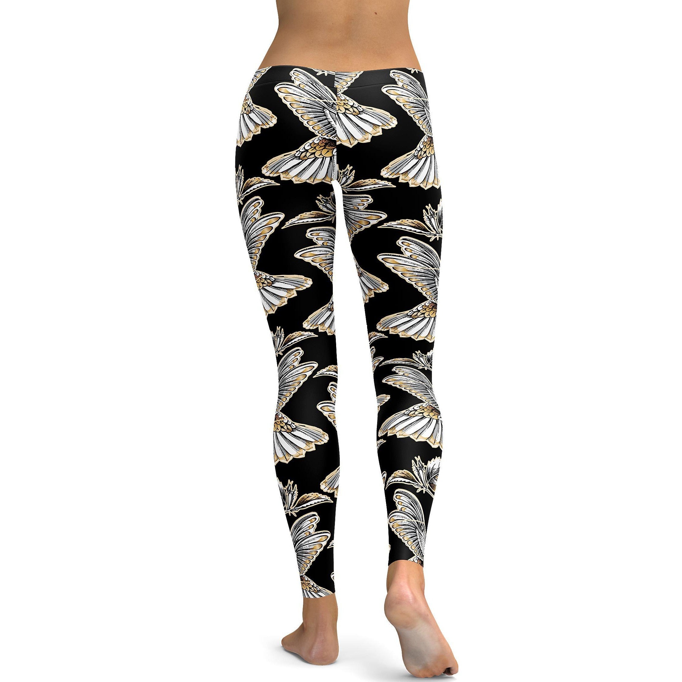 White&Gold Hummingbird Leggings - GearBunch Leggings / Yoga Pants