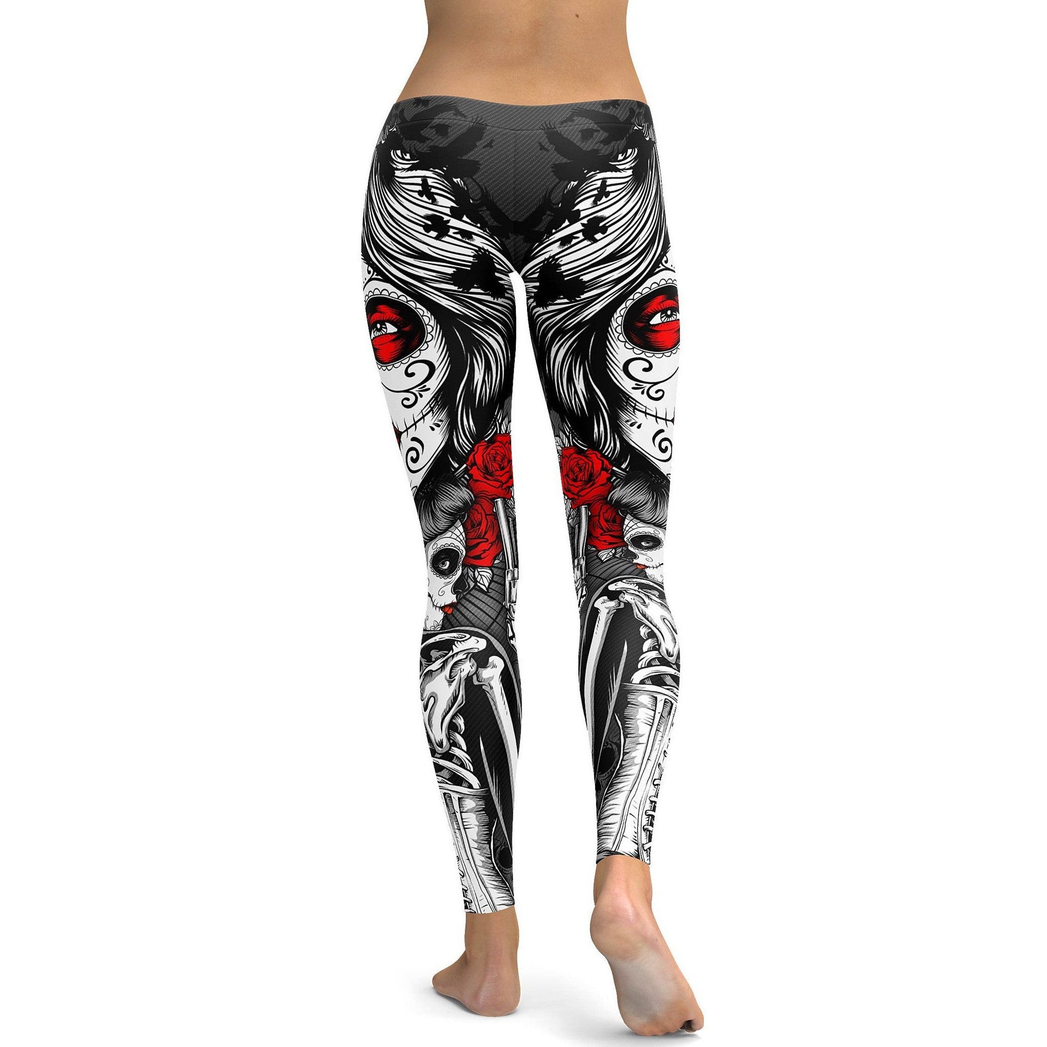 Womens Workout Yoga Skeleton Sugar Skull Leggings White/Black/Red | Gearbunch.com