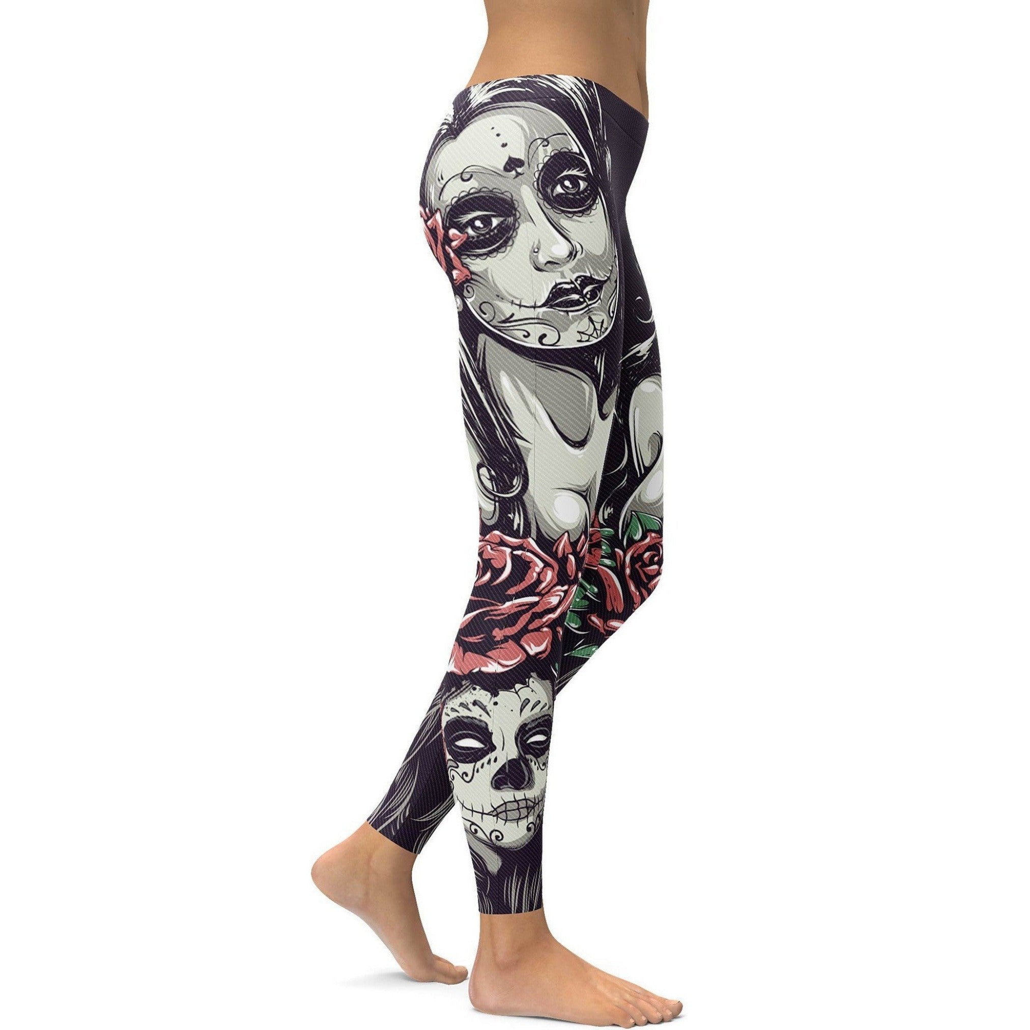 Sugar Skulls and Roses Leggings - GearBunch Leggings