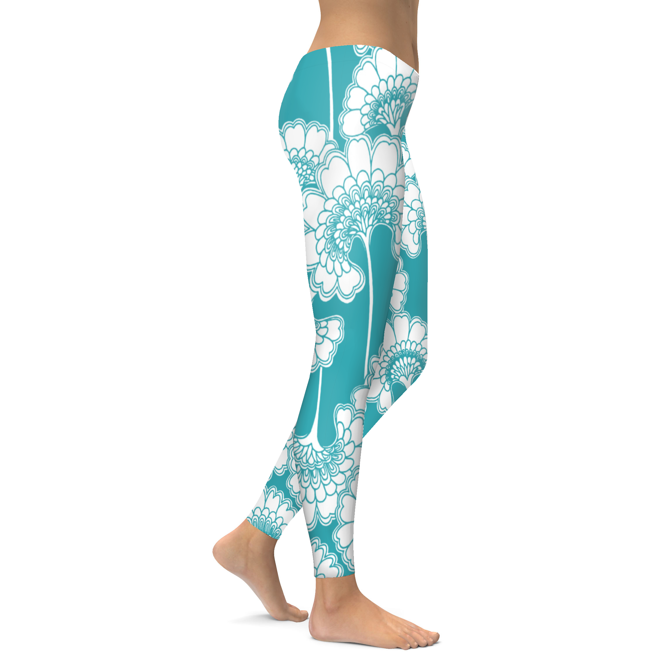 Teal Japanese Floral Leggings - Gearbunch