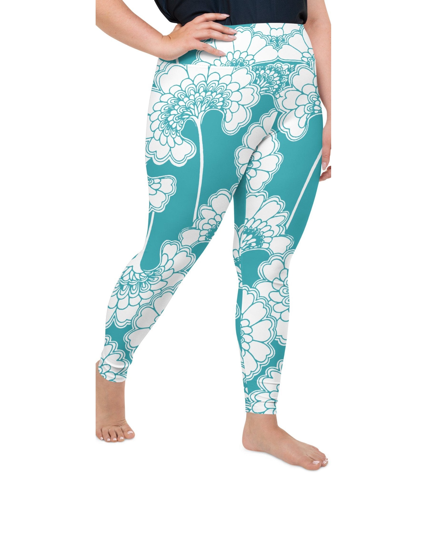 Teal Japanese Floral Plus Size Leggings Gearbunch
