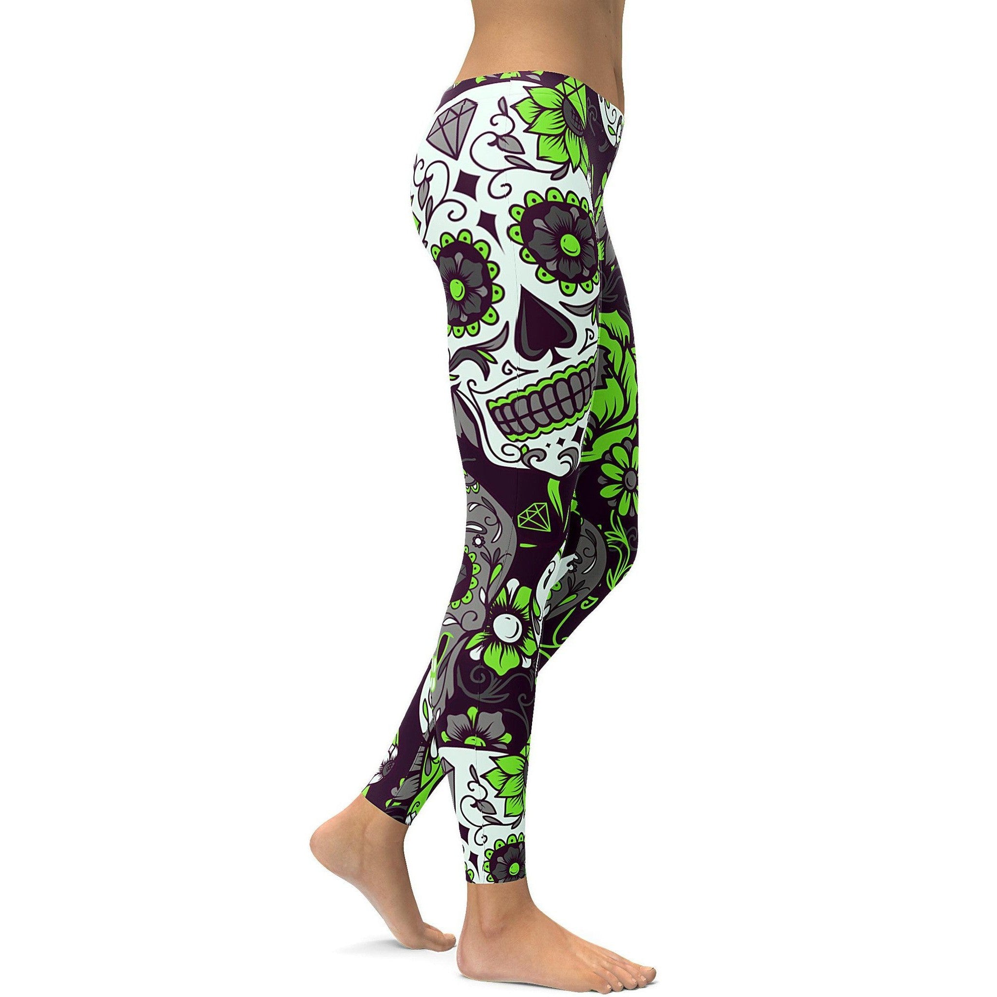 Womens Workout Yoga Lime Green Sugar Skull Leggings White/Green/Black | Gearbunch.com