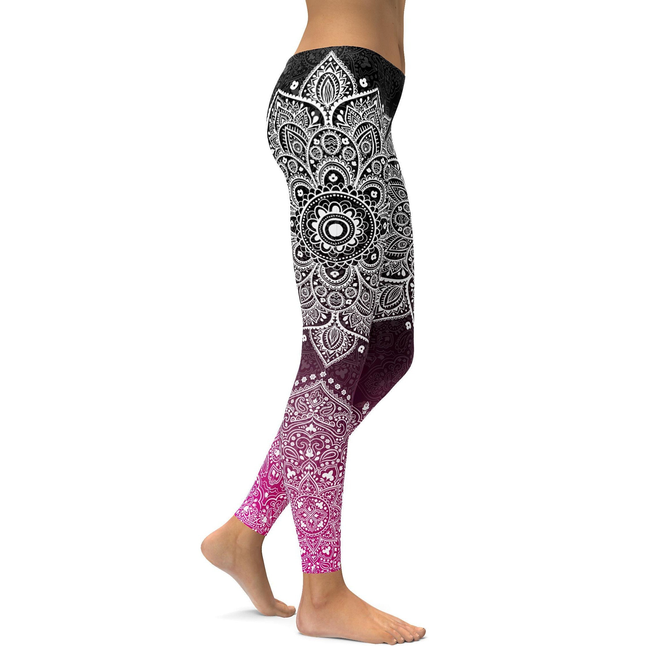 Womens Workout Yoga Black & White to Pink Mandala Leggings
