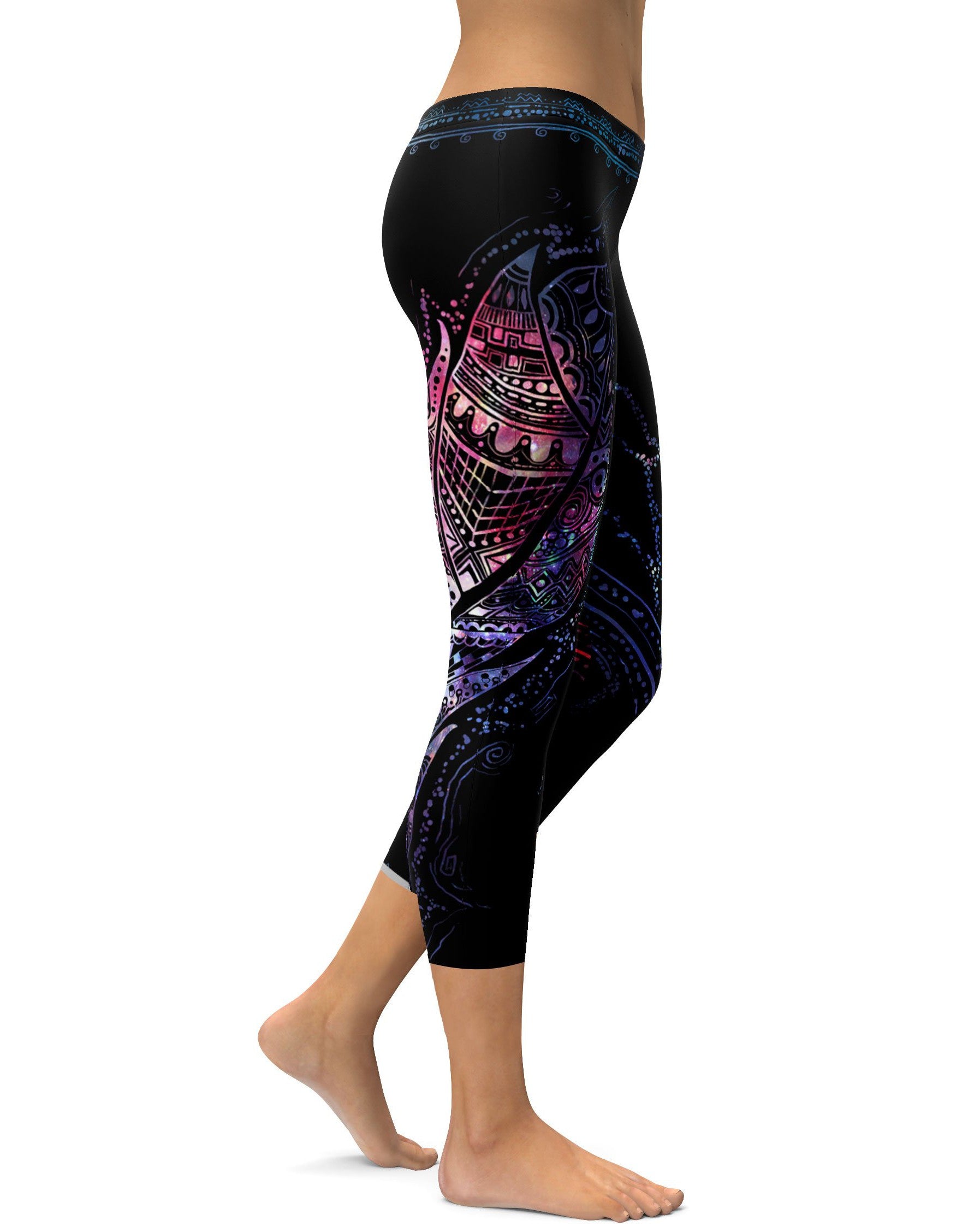 womens black capri with feather detailing in purple, pink and blue