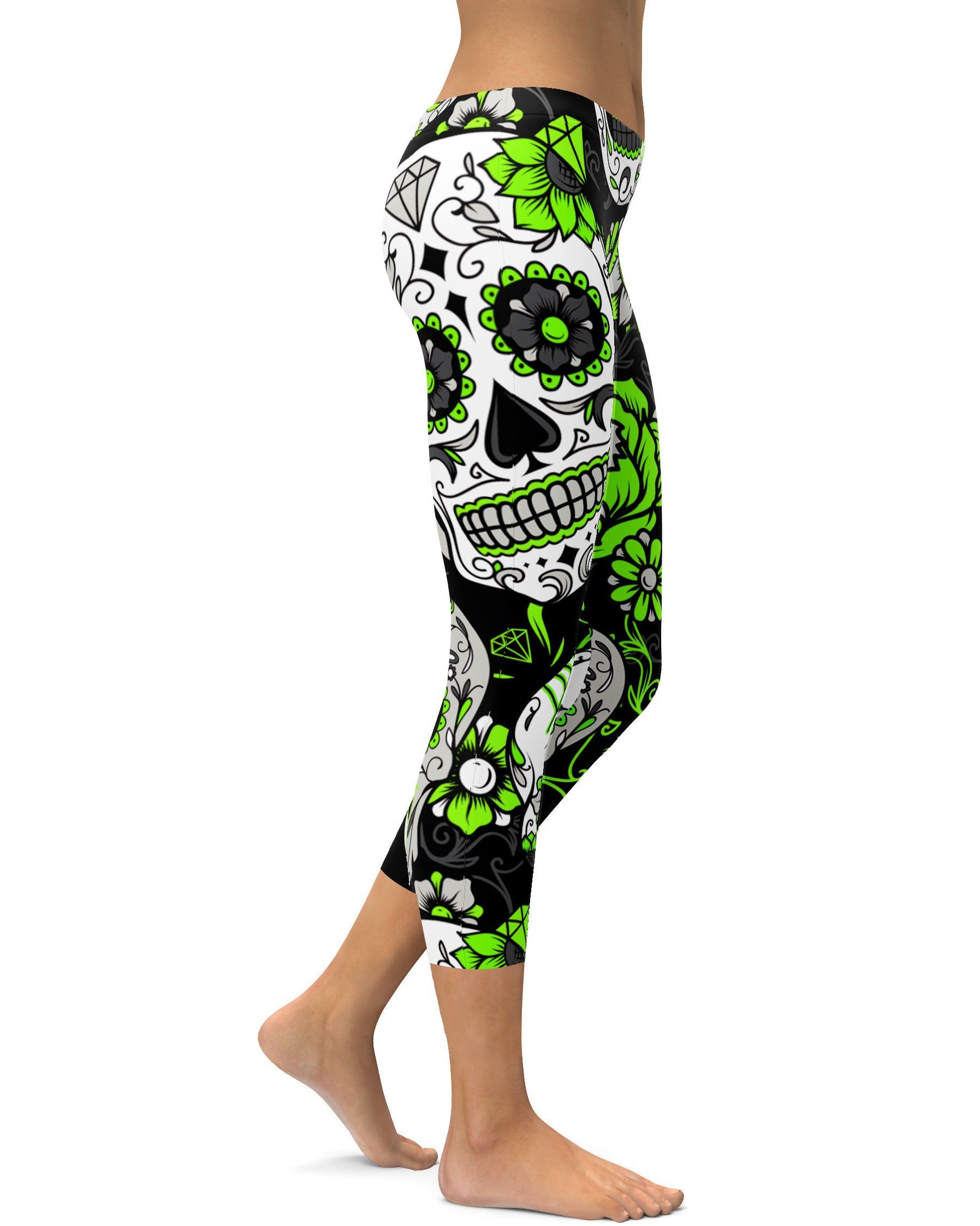 Lime Green Sugar Skull Capris - GearBunch Leggings / Yoga Pants