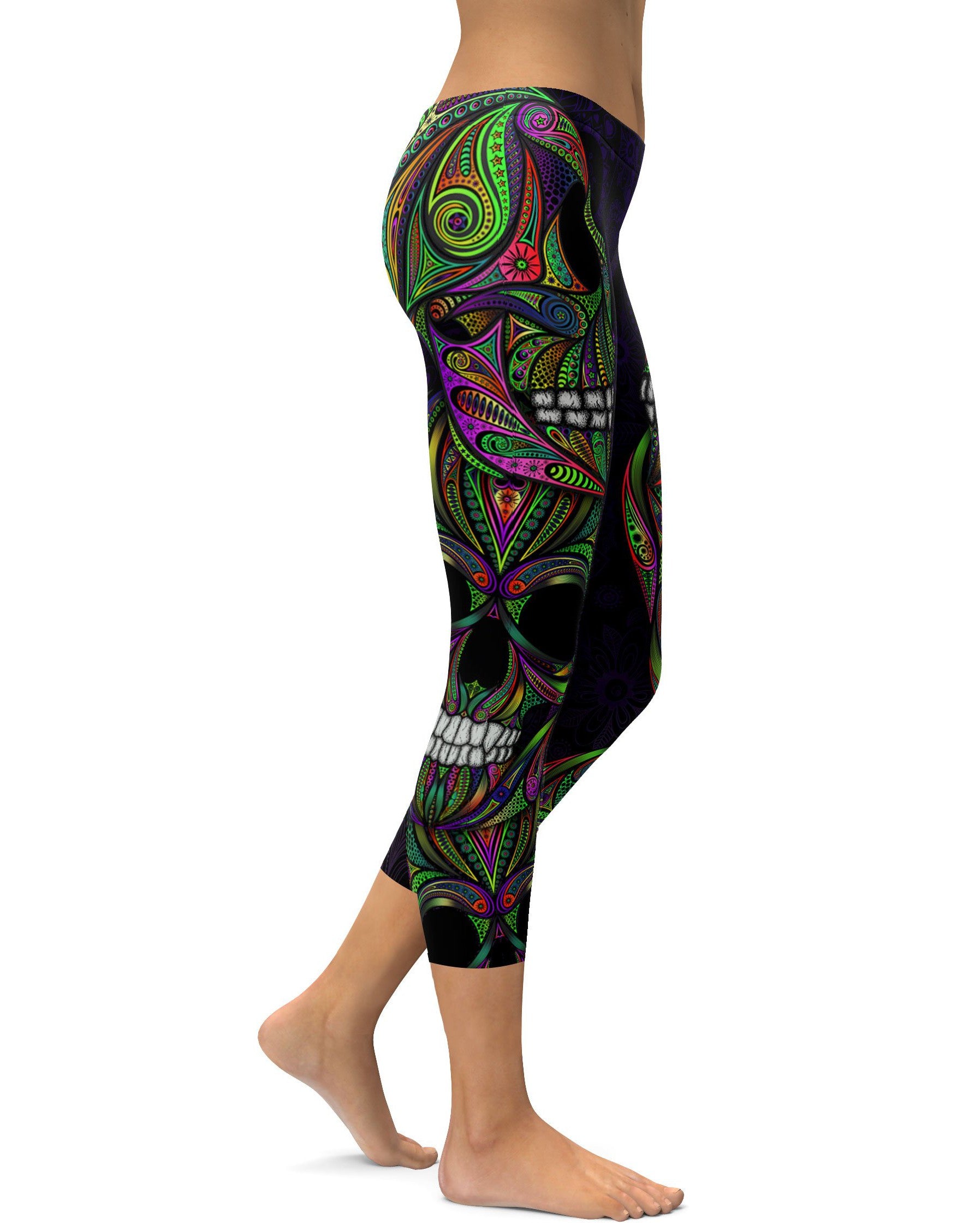 Colorful Green Ornament Skull Capris - GearBunch Leggings / Yoga Pants