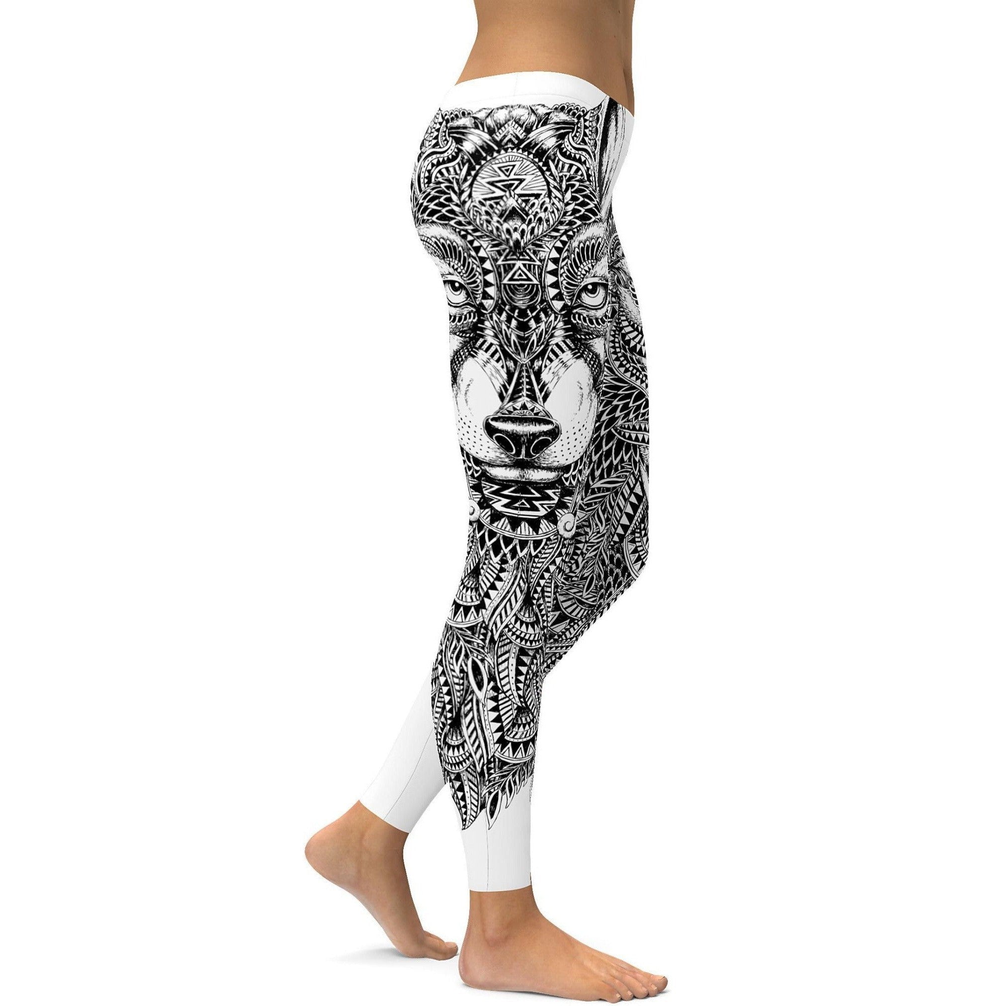 Womens Workout Yoga Black & White Zentangle Wolf Leggings
