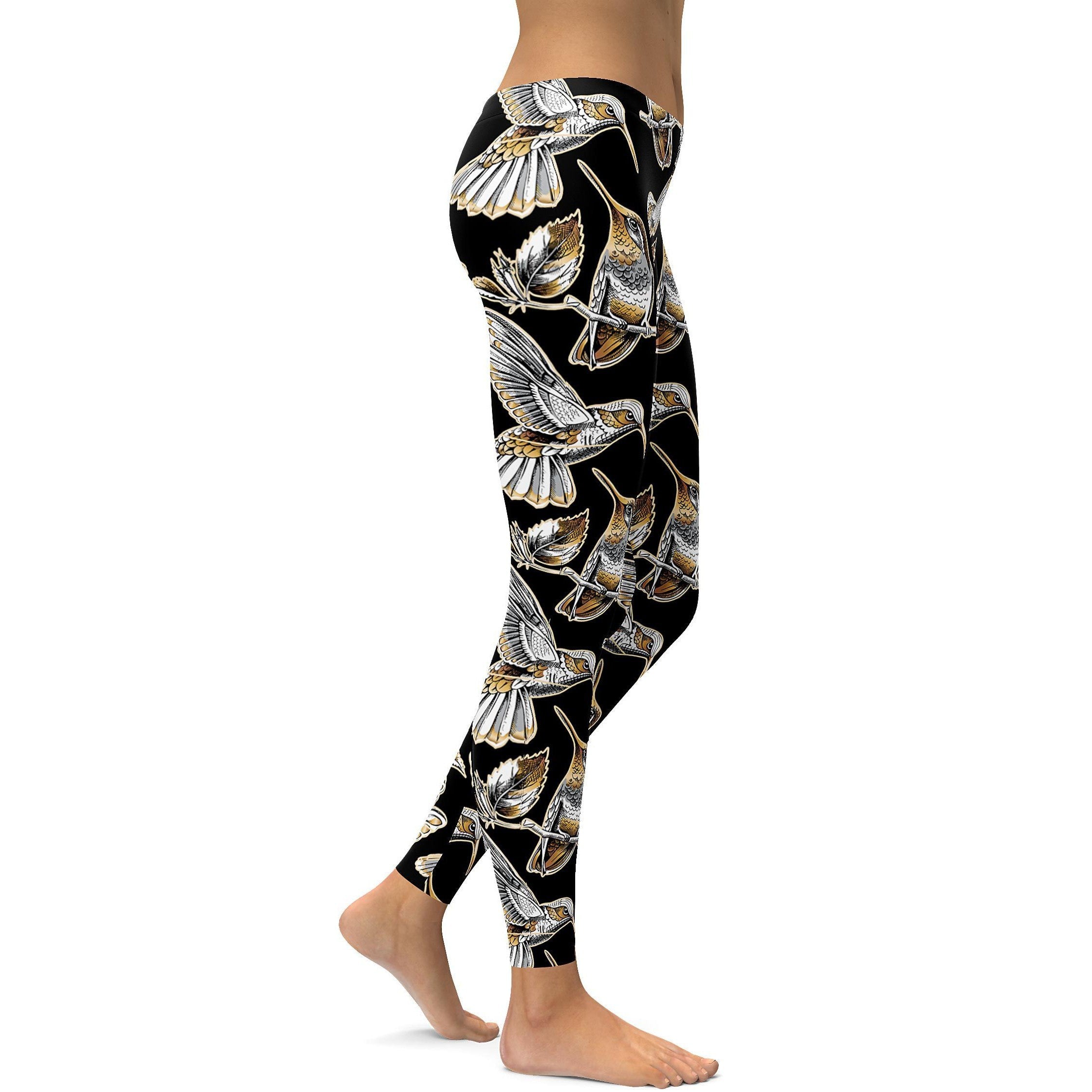 White&Gold Hummingbird Leggings - GearBunch Leggings / Yoga Pants