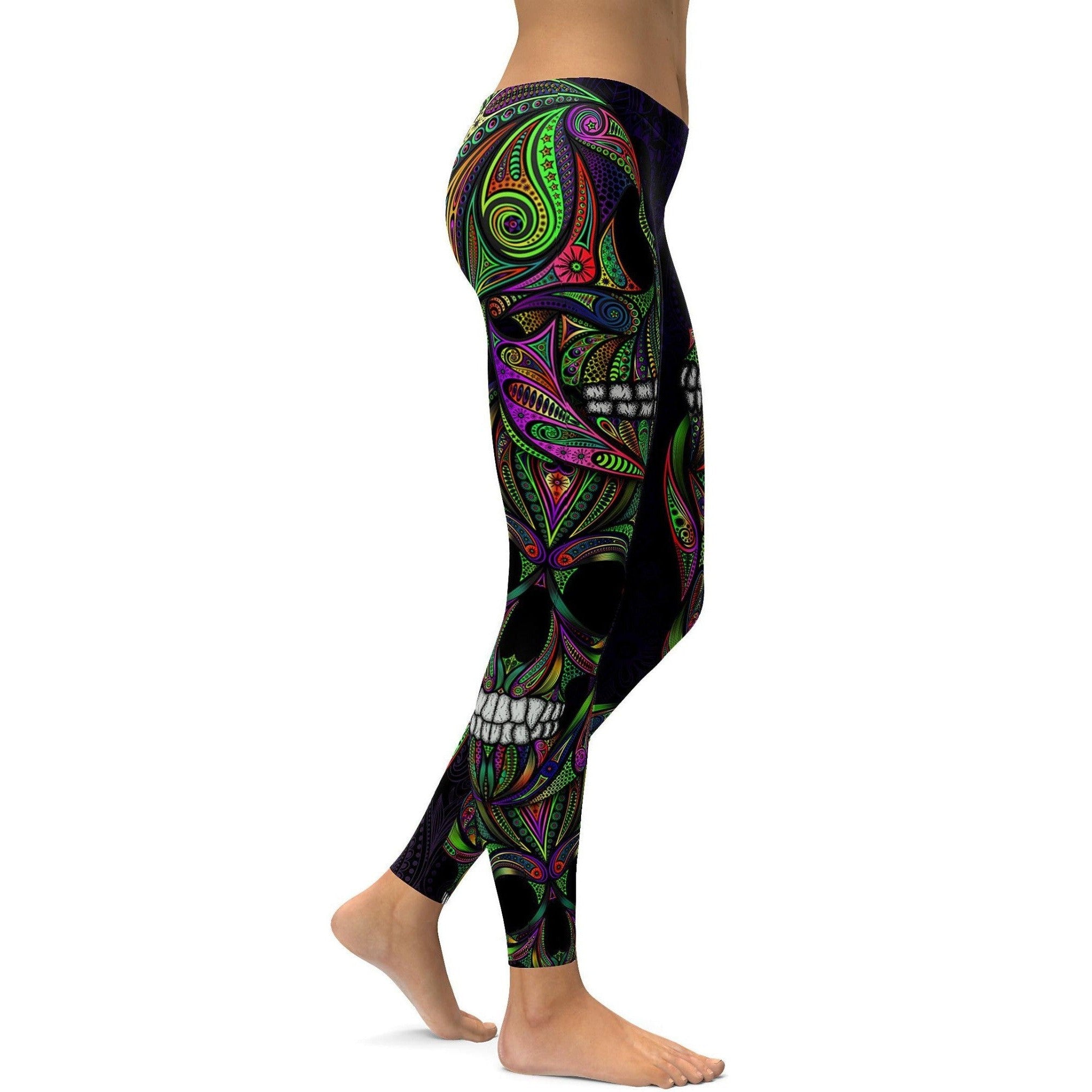 Colorful Green Ornament Skull Leggings - GearBunch Leggings / Yoga Pants