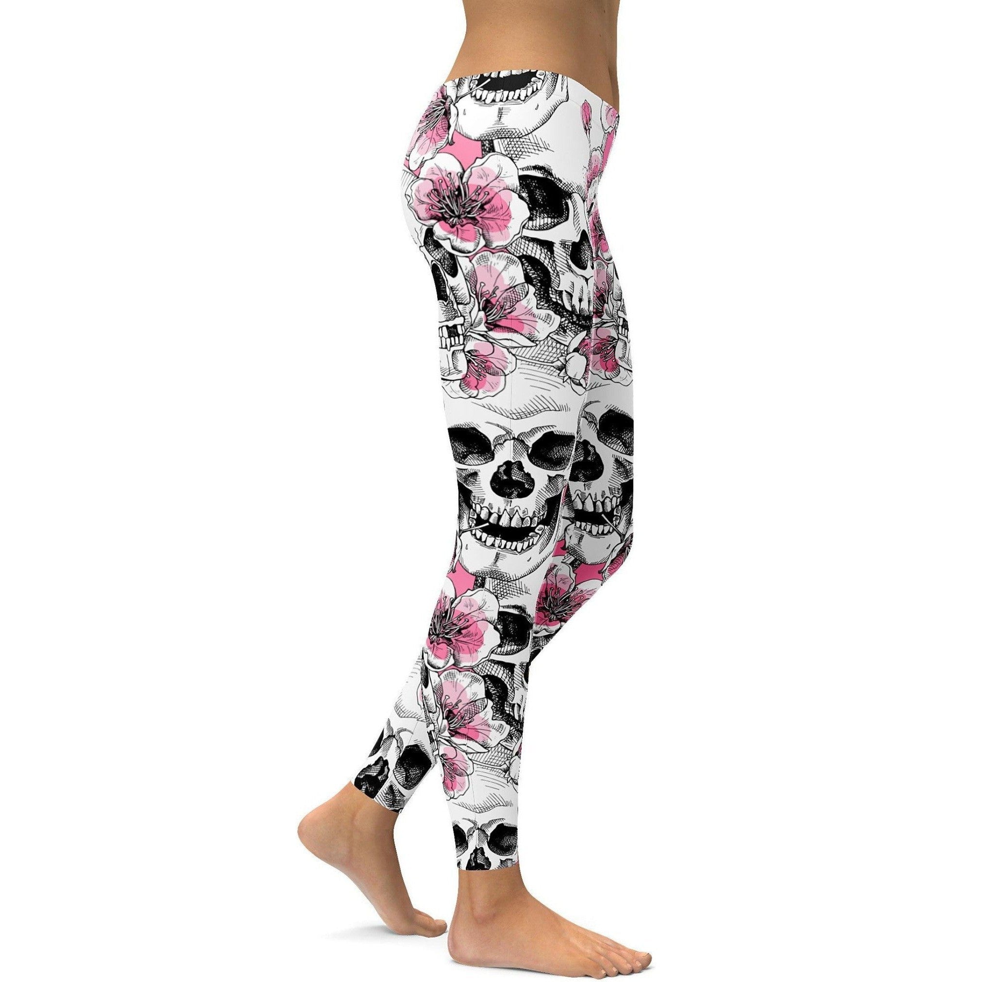 Womens Workout Yoga Pink Floral Skulls Leggings Black/Pink/Grey | Gearbunch.com