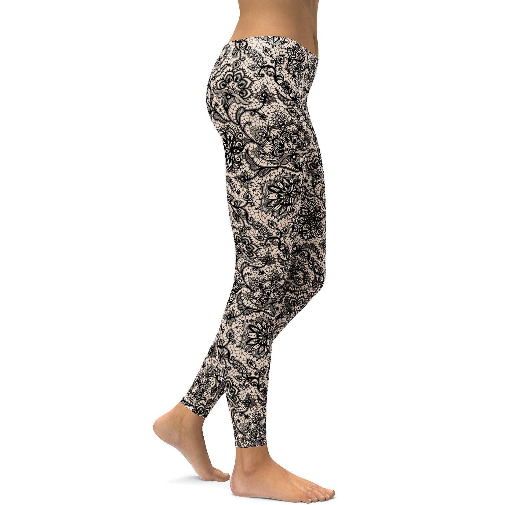 Womens Workout Yoga Black Faux Lace Leggings Grey/Black