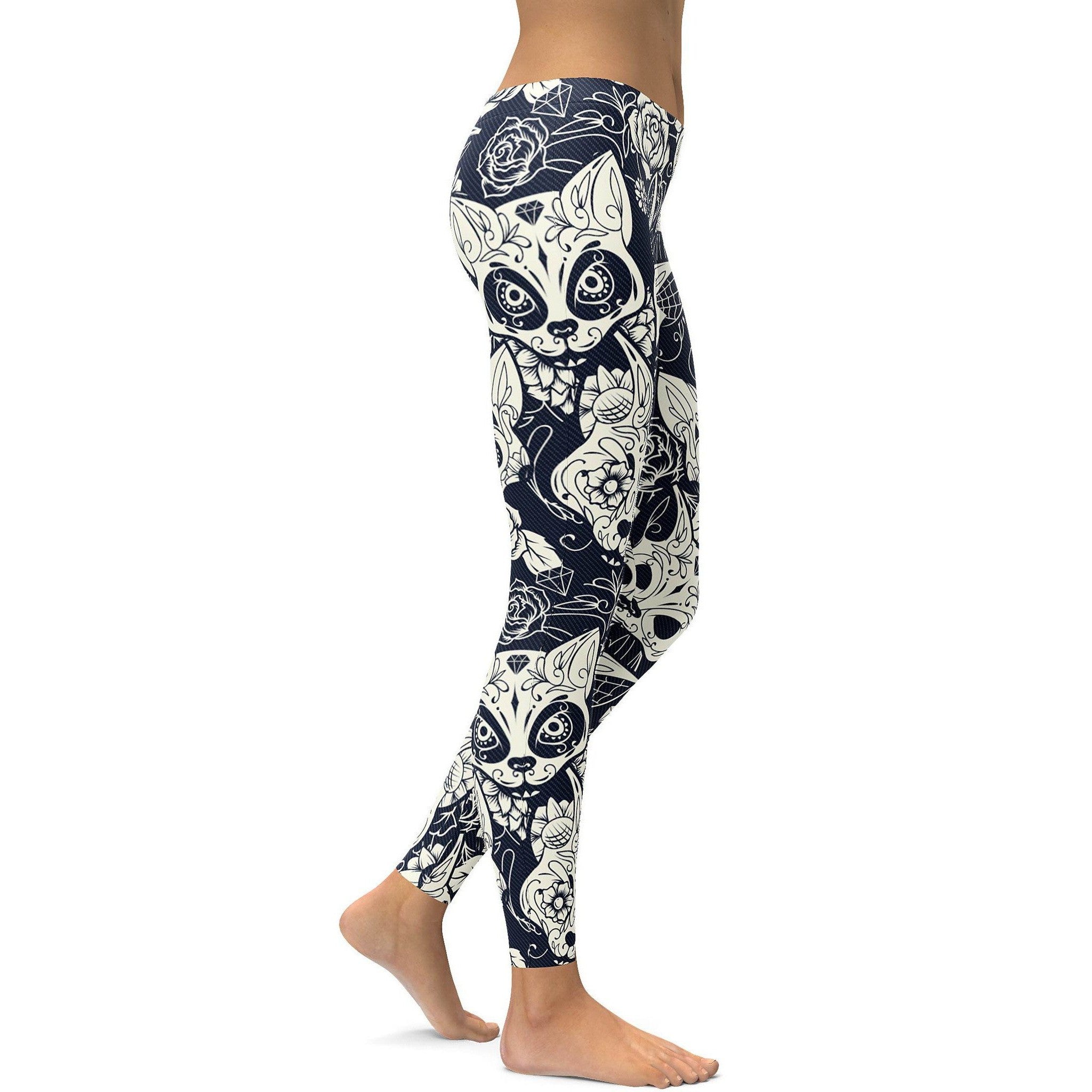 Womens Workout Yoga Sugar Skull Cats Leggings in Grey and Blue color combination
