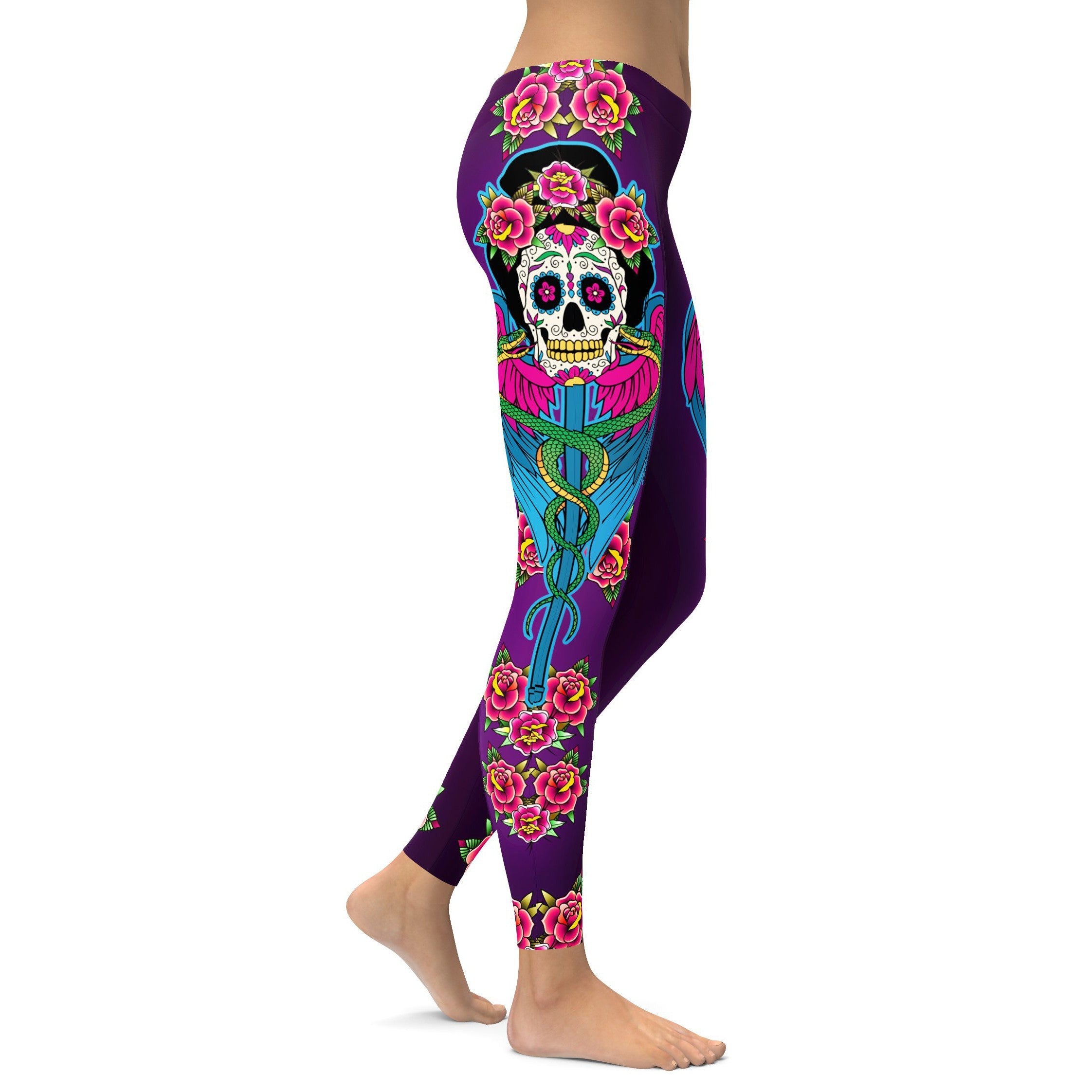 Caduceus Sugar Skull Leggings - GearBunch Leggings / Yoga Pants