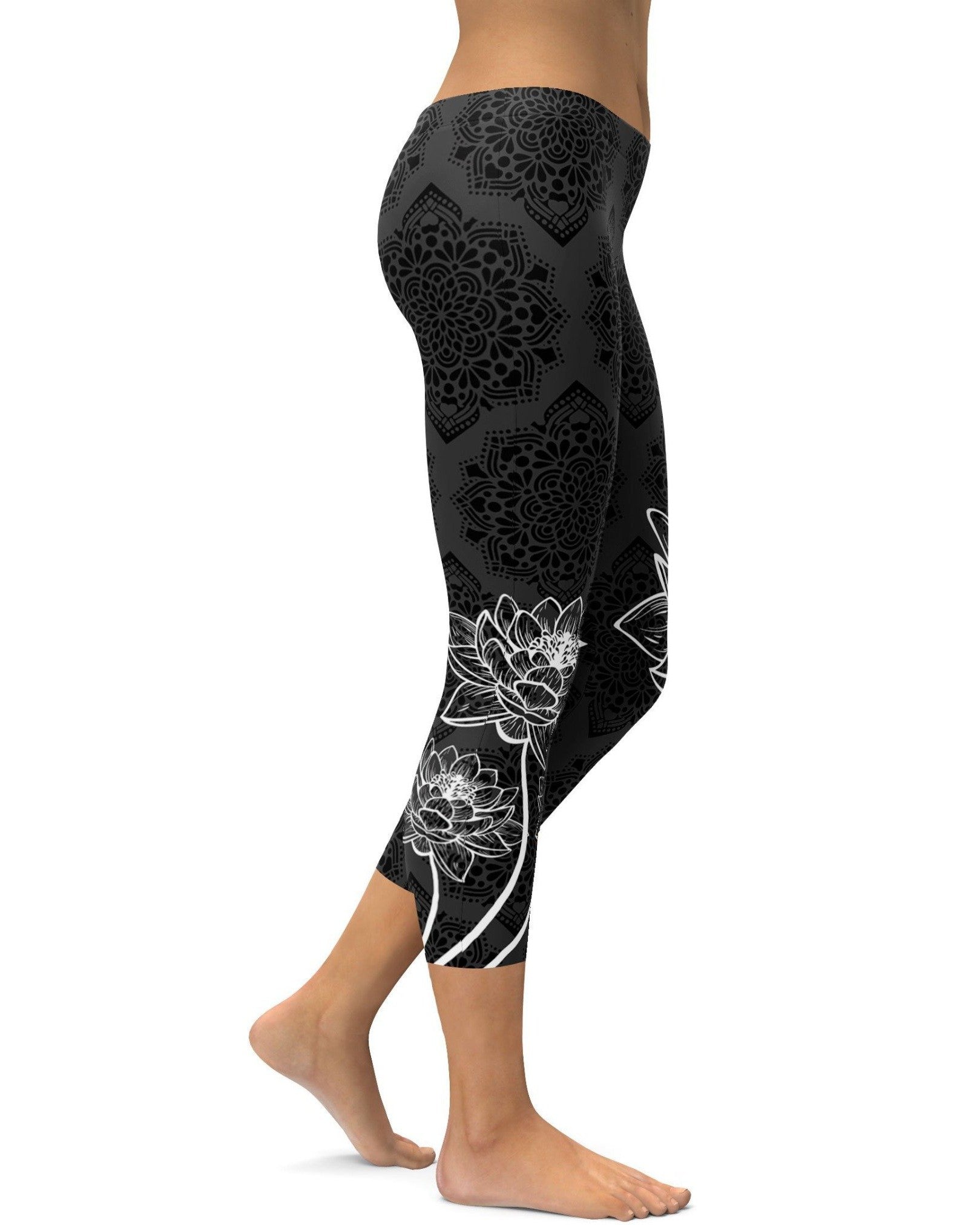 Dark Grey & Black Mandala Lotus Capris Leggings with concentric mandalas