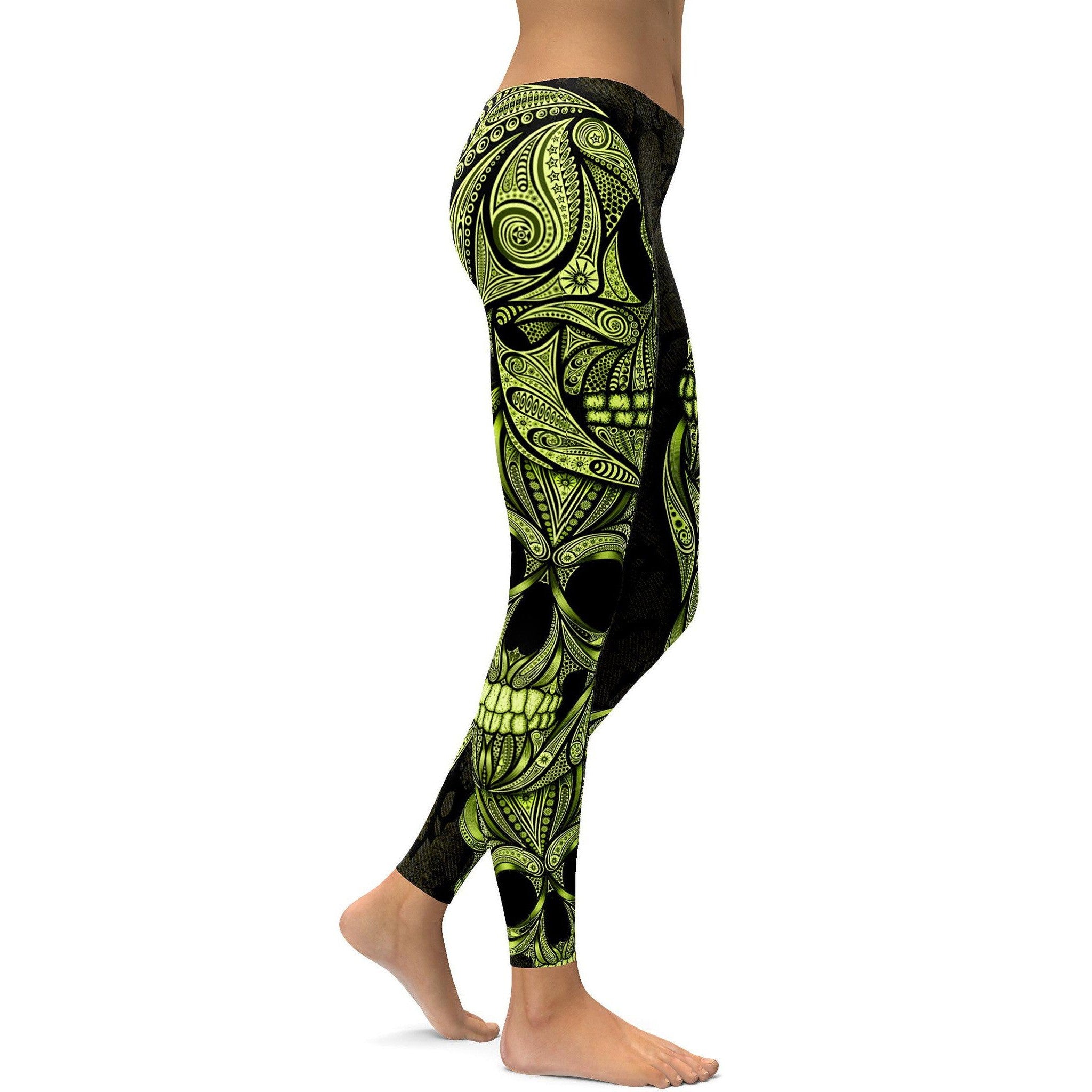Yellow Ornamental Skull Leggings - GearBunch Leggings / Yoga Pants