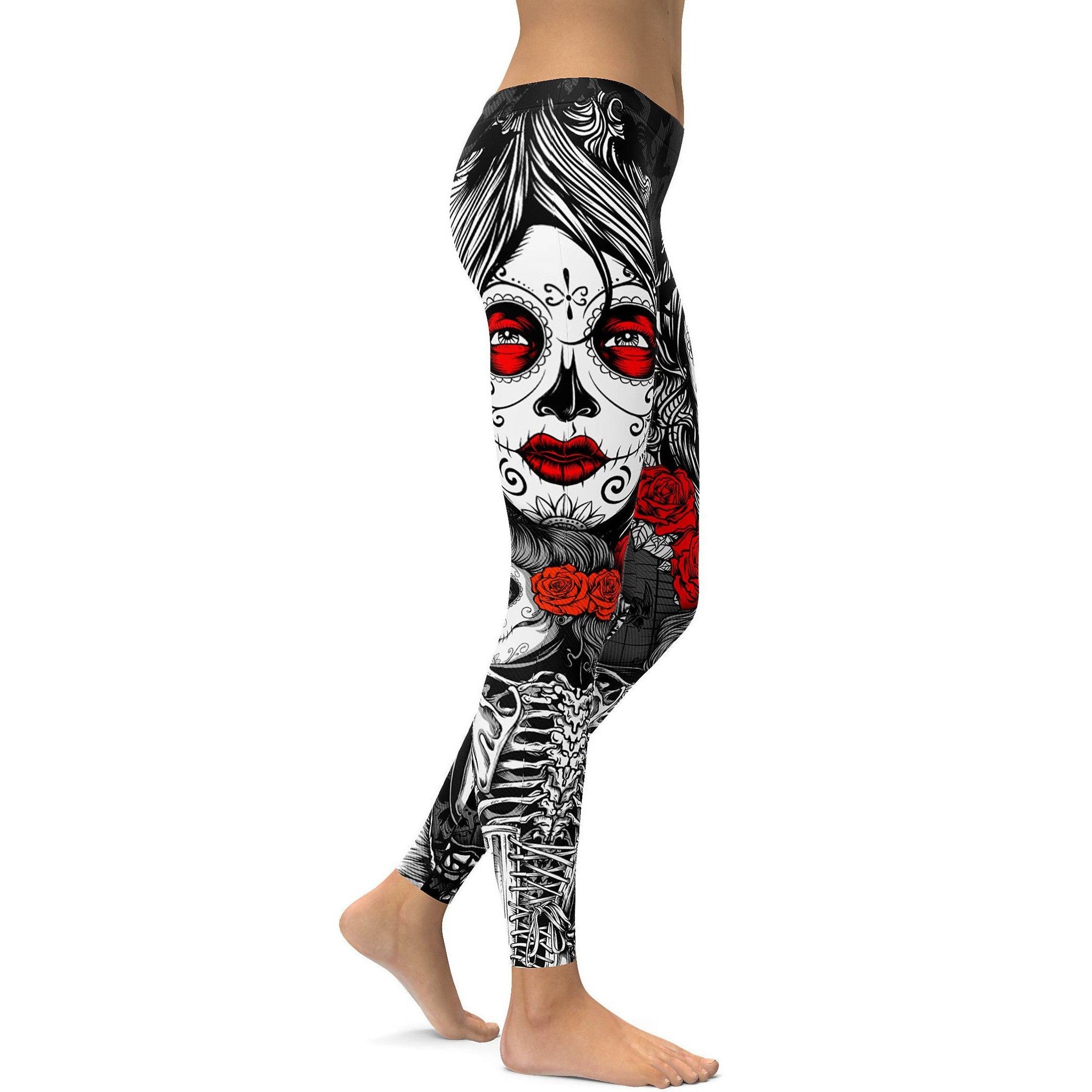 Womens Workout Yoga Skeleton Sugar Skull Leggings White/Black/Red | Gearbunch.com