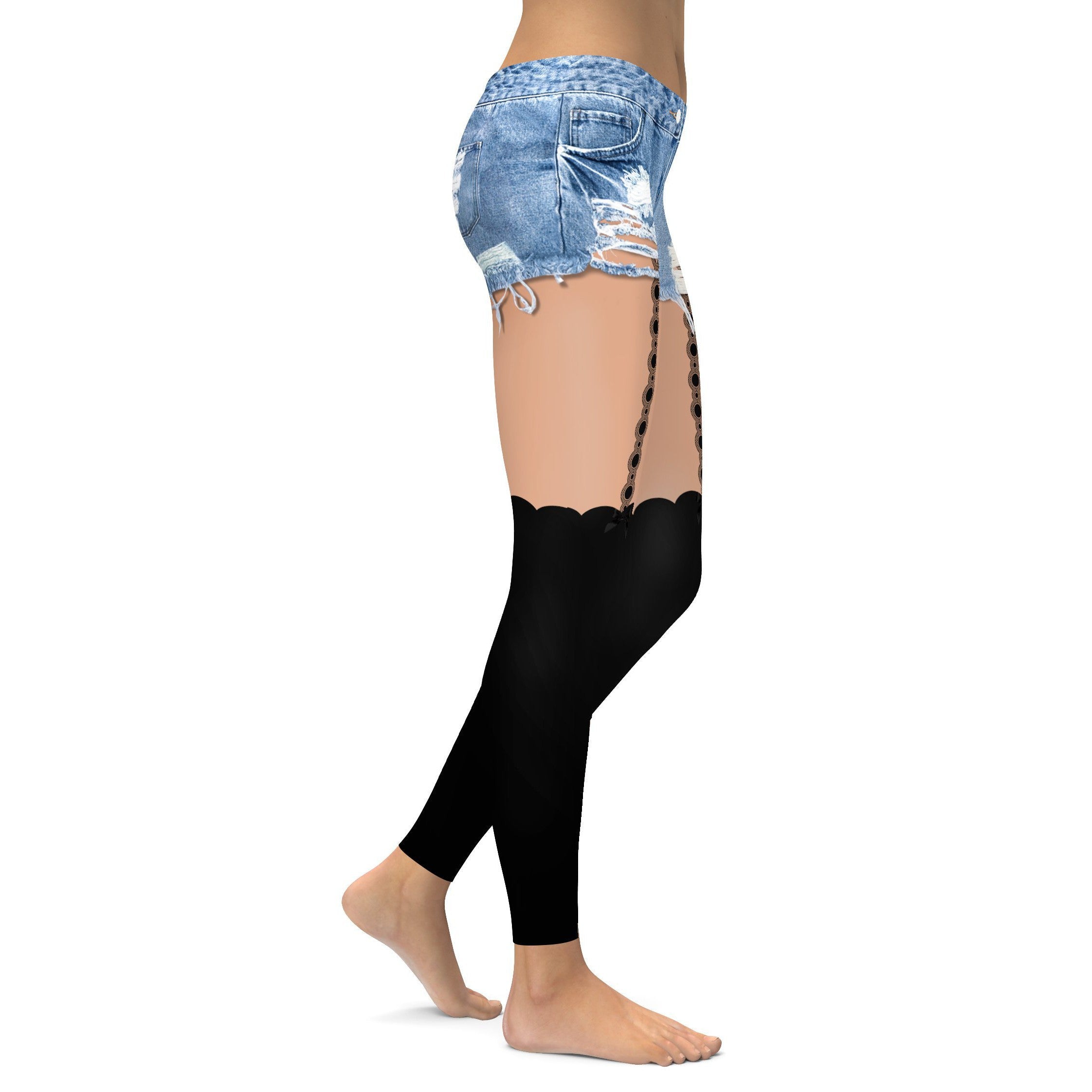 Faux Black Stockings with Denim Shorts Leggings | GearBunch