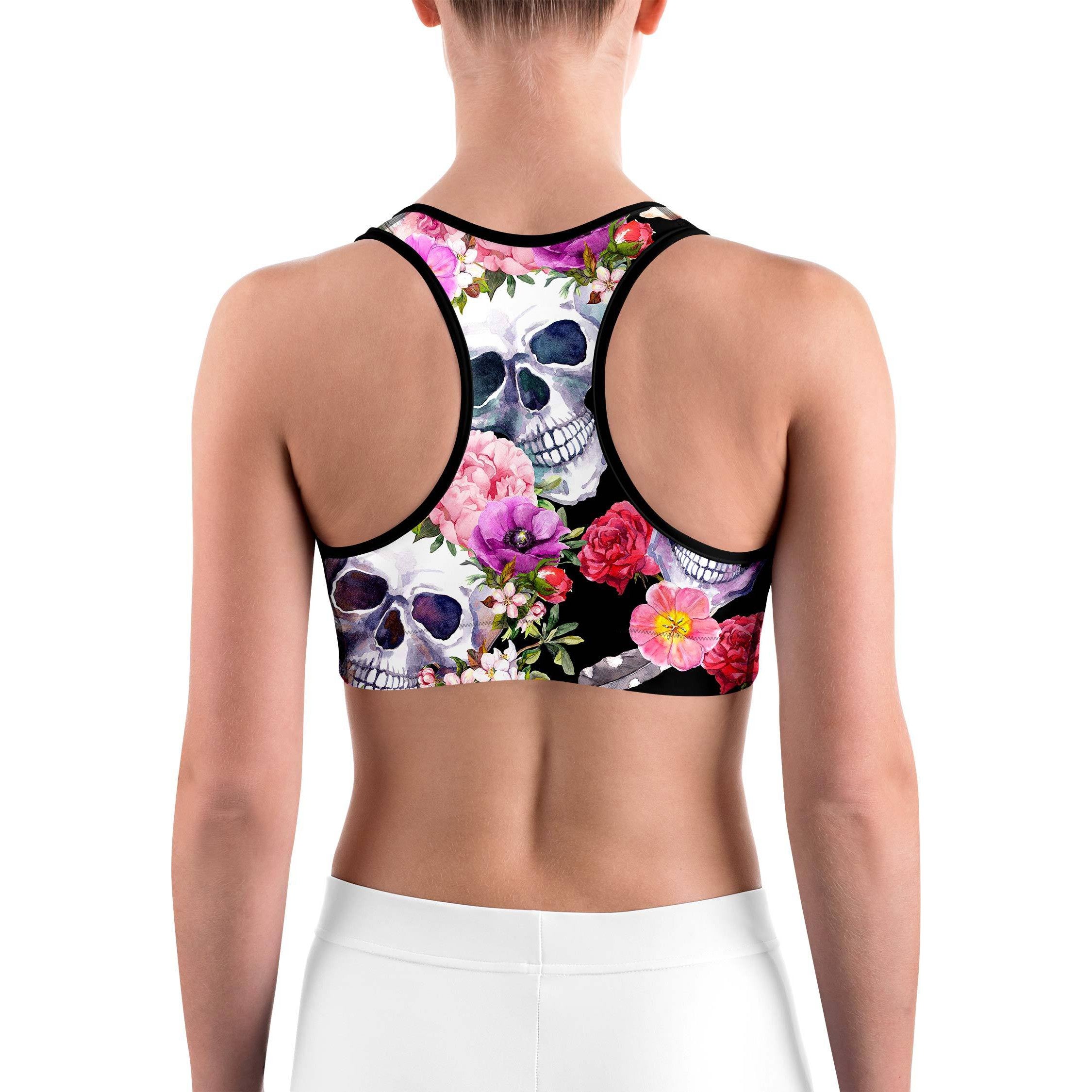 Colorful Floral Skull Sports bra - GearBunch Leggings / Yoga Pants