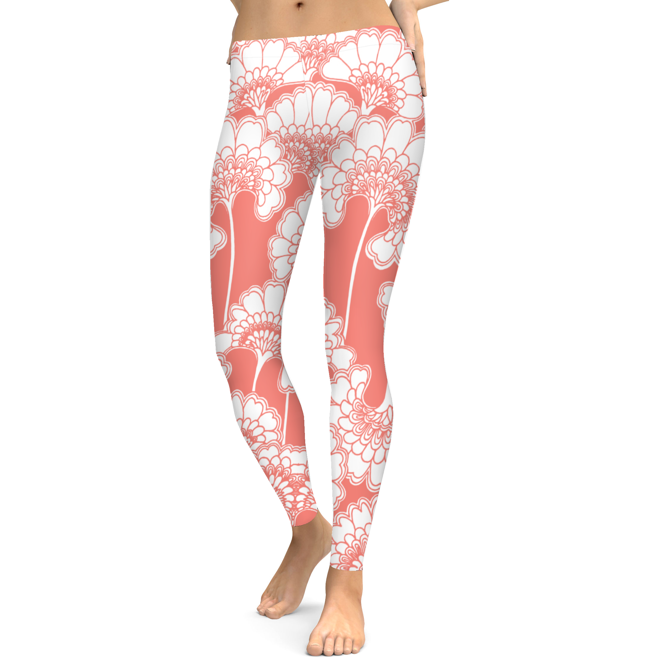 Coral Japanese Floral Leggings -Gearbunch