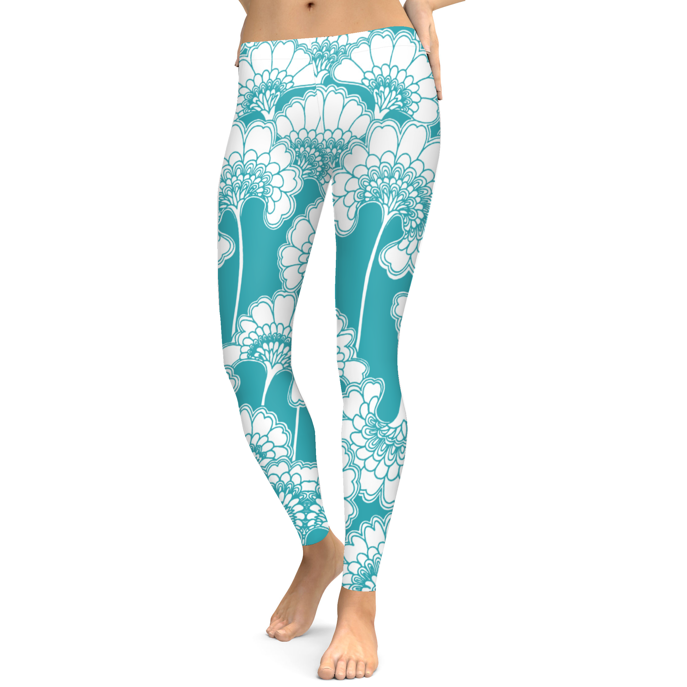 Teal Japanese Floral Leggings - Gearbunch