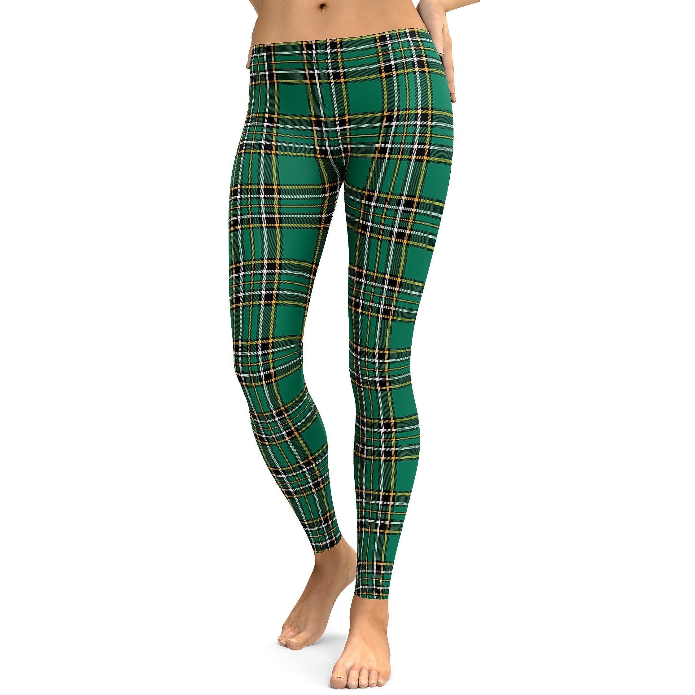 Womens Workout Yoga Irish Green Tartan Leggings Green/Black/Yellow | Gearbunch.com