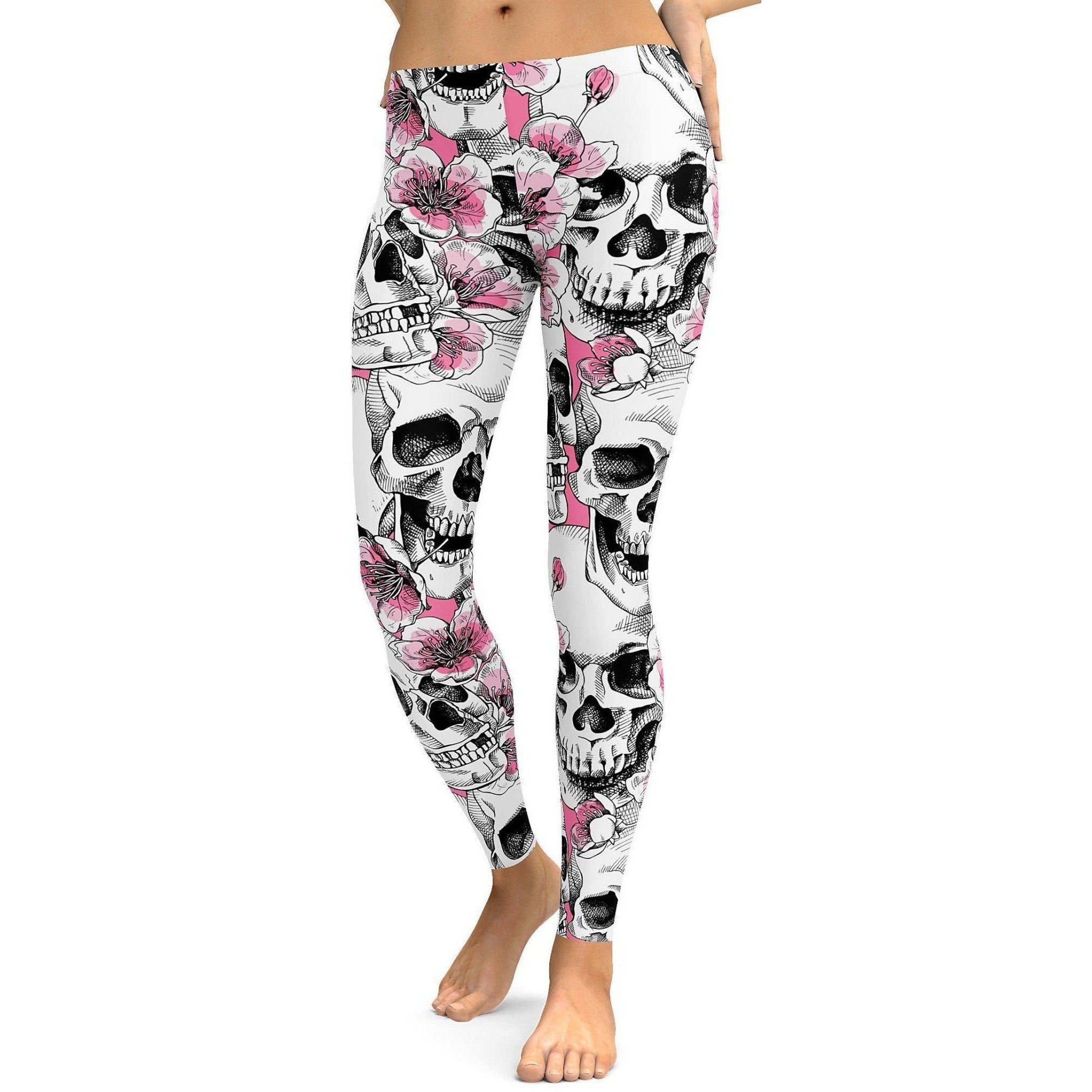 Womens Workout Yoga Pink Floral Skulls Leggings Black/Pink/Grey | Gearbunch.com