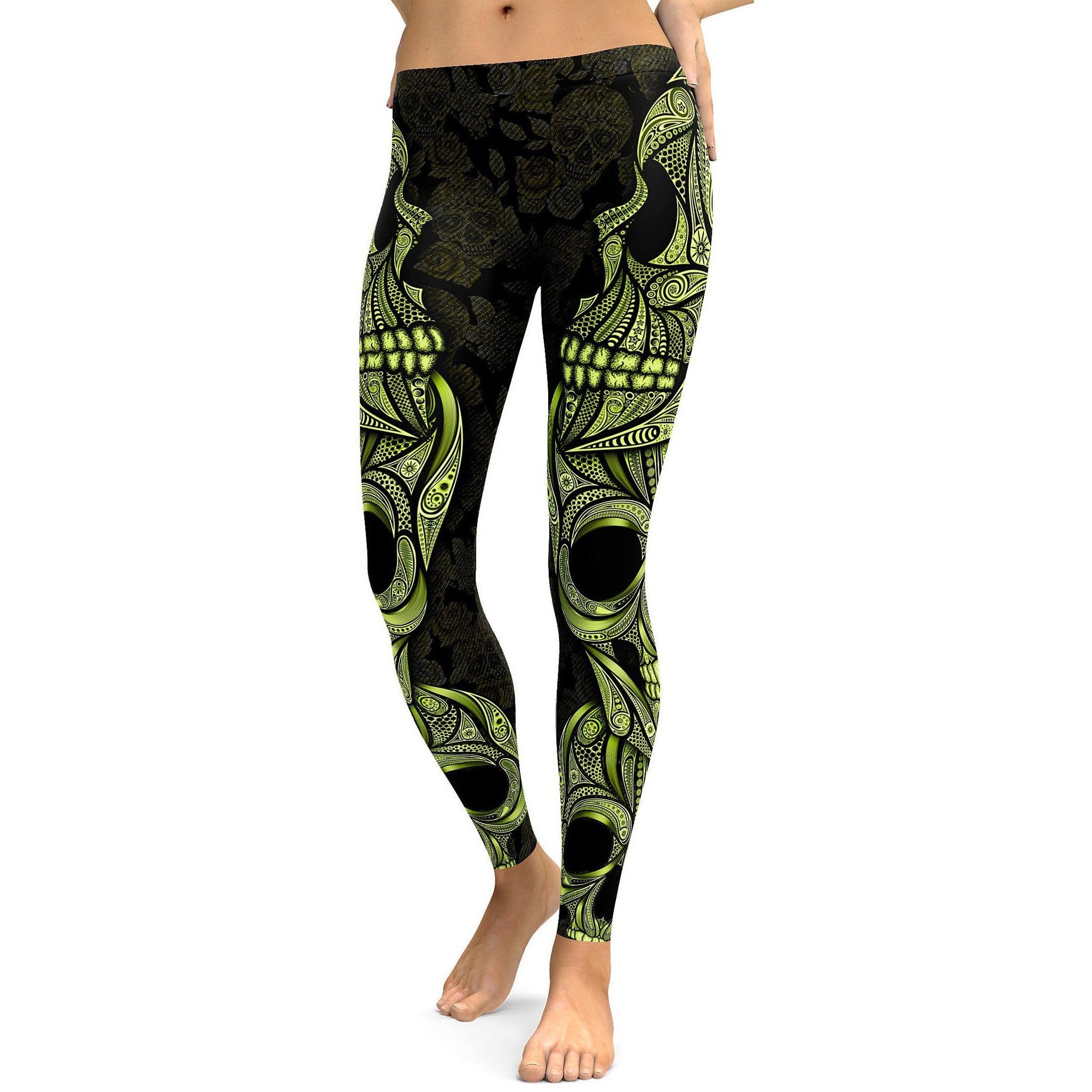 Yellow Ornamental Skull Leggings - GearBunch Leggings / Yoga Pants