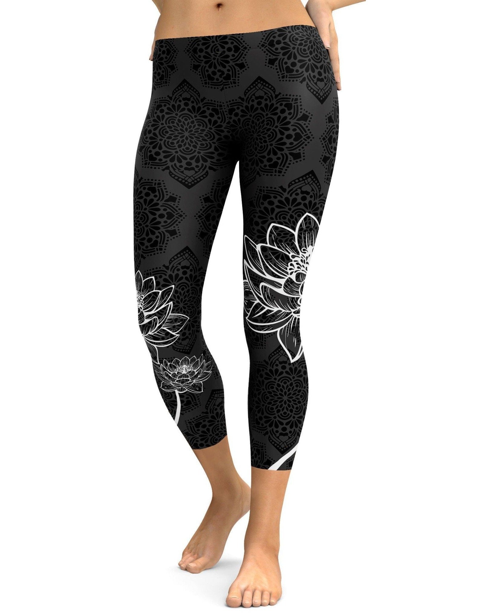 Womens Fashion Lotus Black Capris Leggings with White Lotus Flower | Gear Bunch
