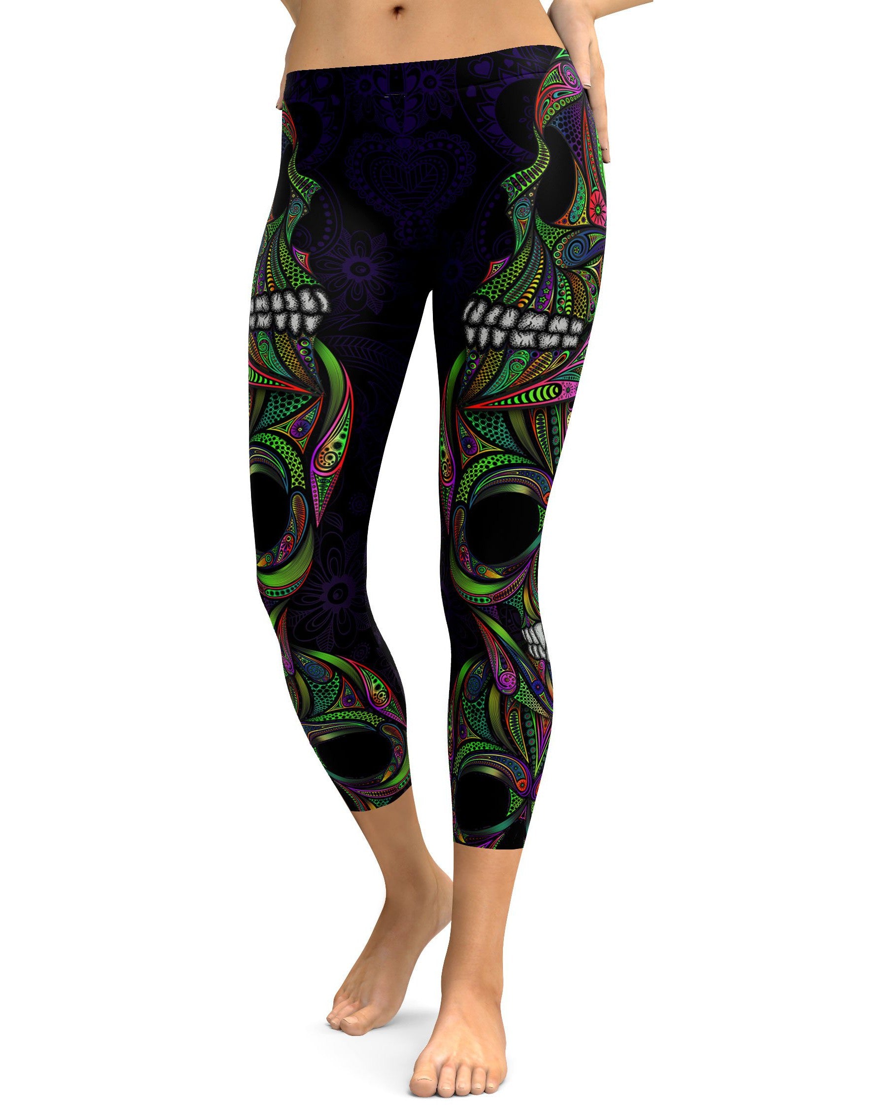 Colorful Green Ornament Skull Capris - GearBunch Leggings / Yoga Pants