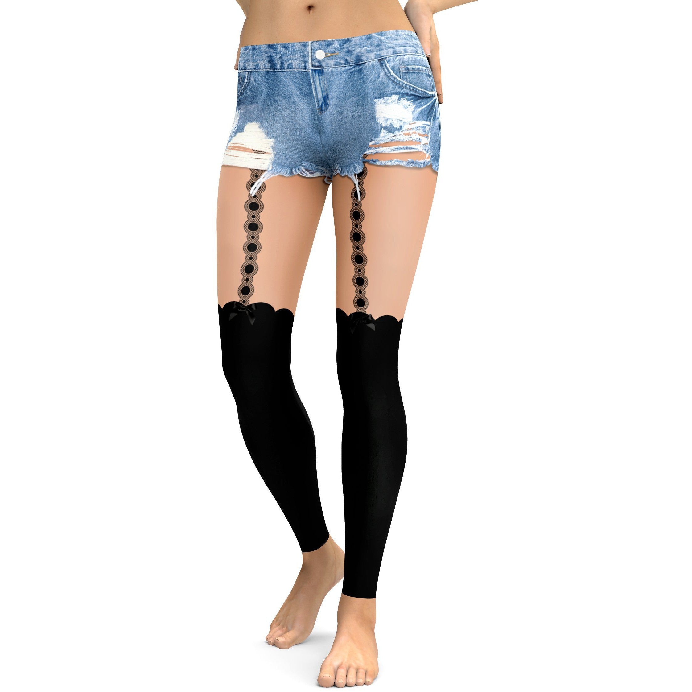 Women's faux black stockings printed leggings front view