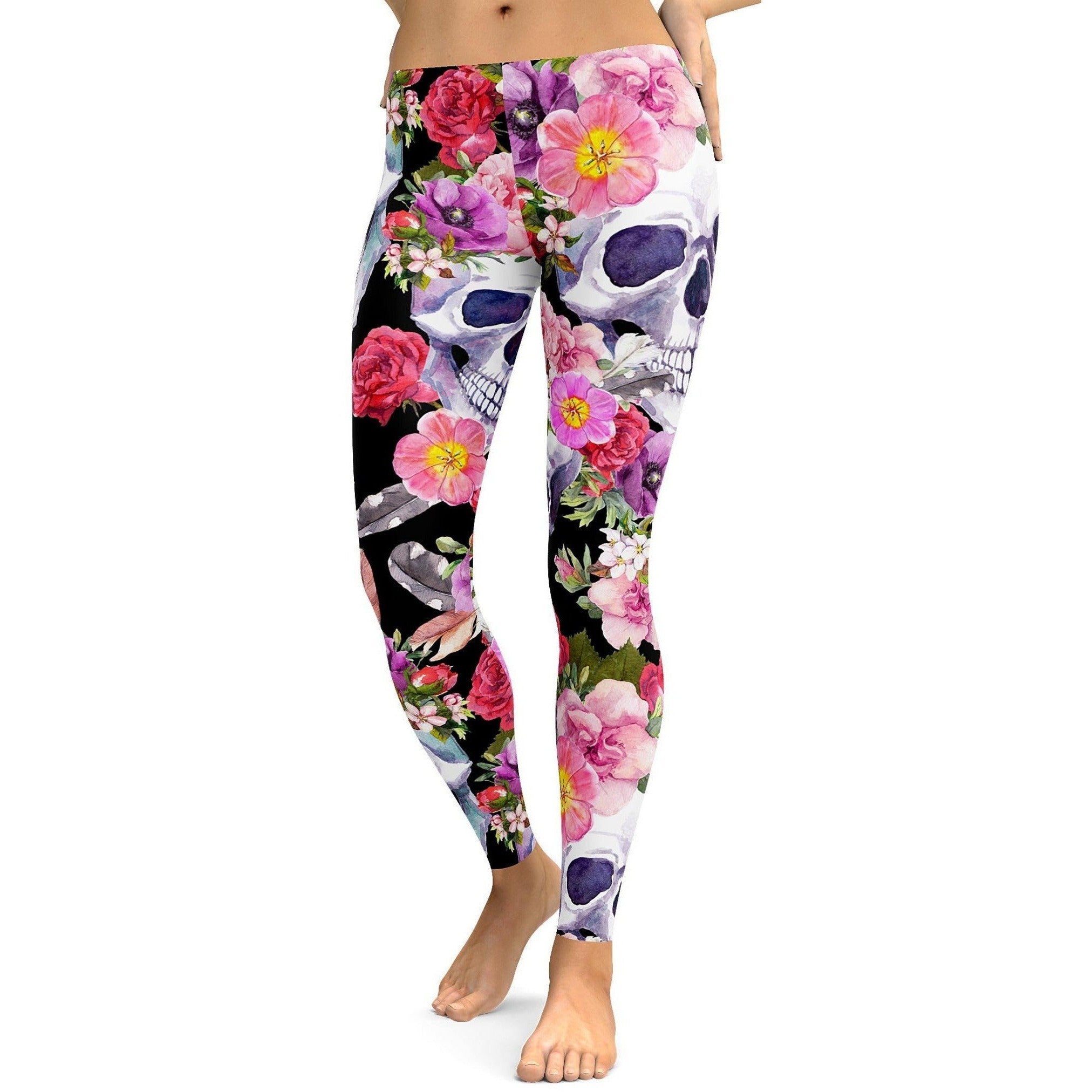 Colorful Floral Skull Leggings - GearBunch Leggings