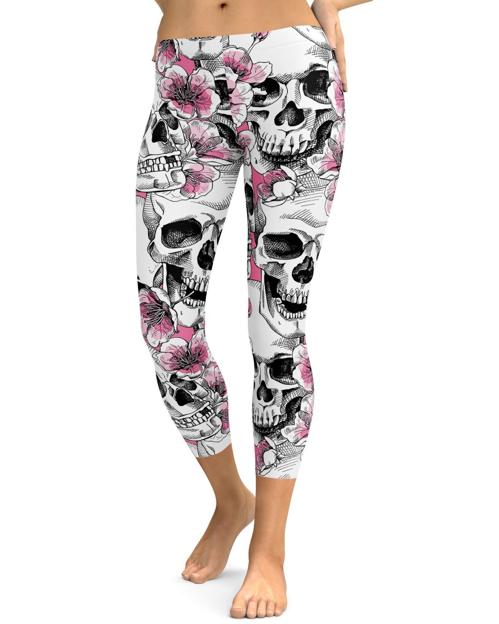 Pink Floral Skulls Capris - Gearbunch Leggings