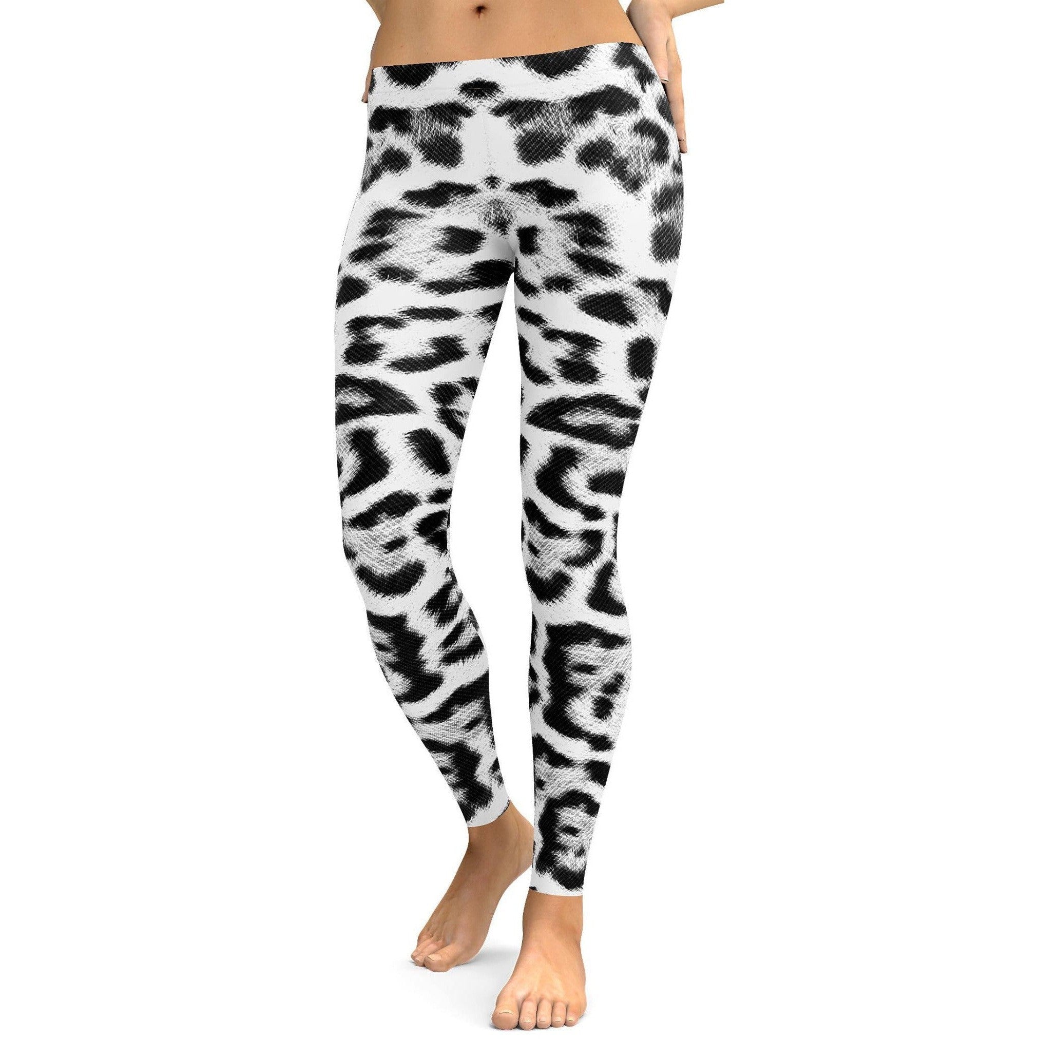Womens Workout Yoga Snow Leopard Skin Leggings Black/White | Gearbunch.com