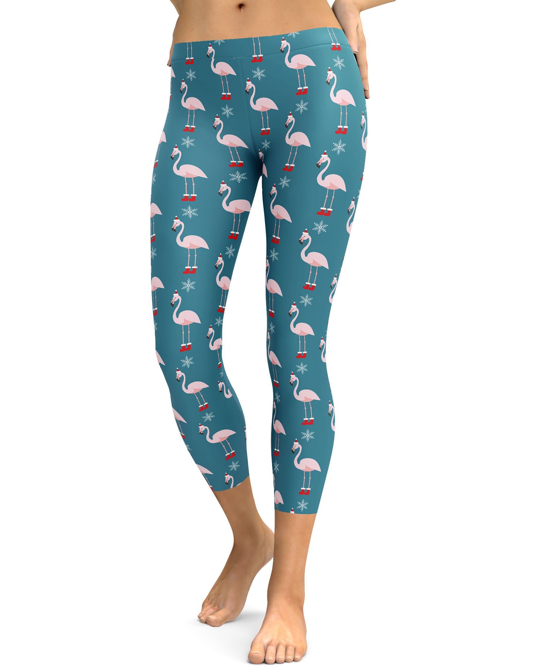 Christmas Flamingo Patterned Capris - GearBunch Leggings / Yoga Pants