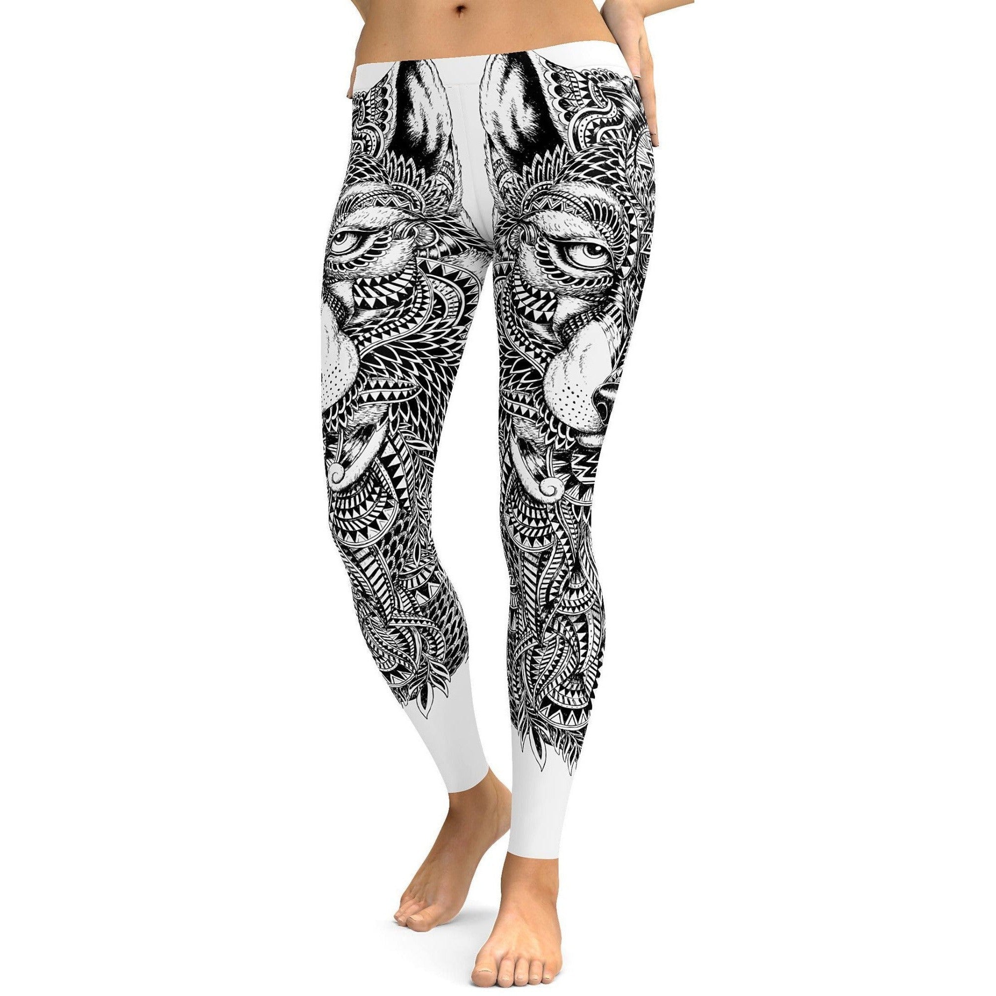 Black & White Zentangle Wolf Leggings - GearBunch Leggings
