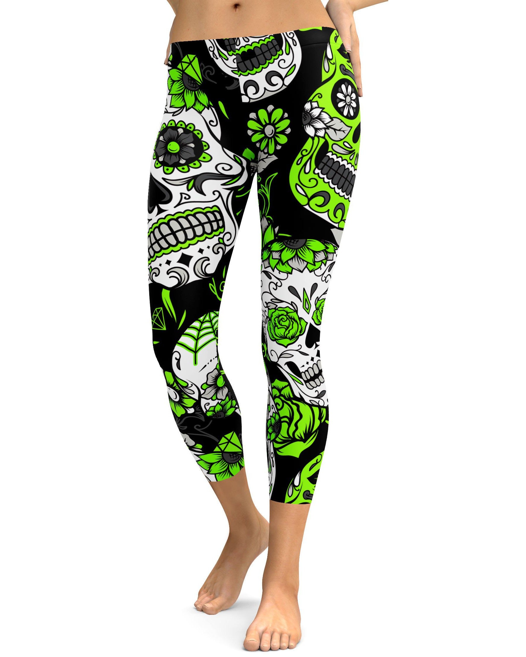 Lime Green Sugar Skull Capris - GearBunch Leggings / Yoga Pants
