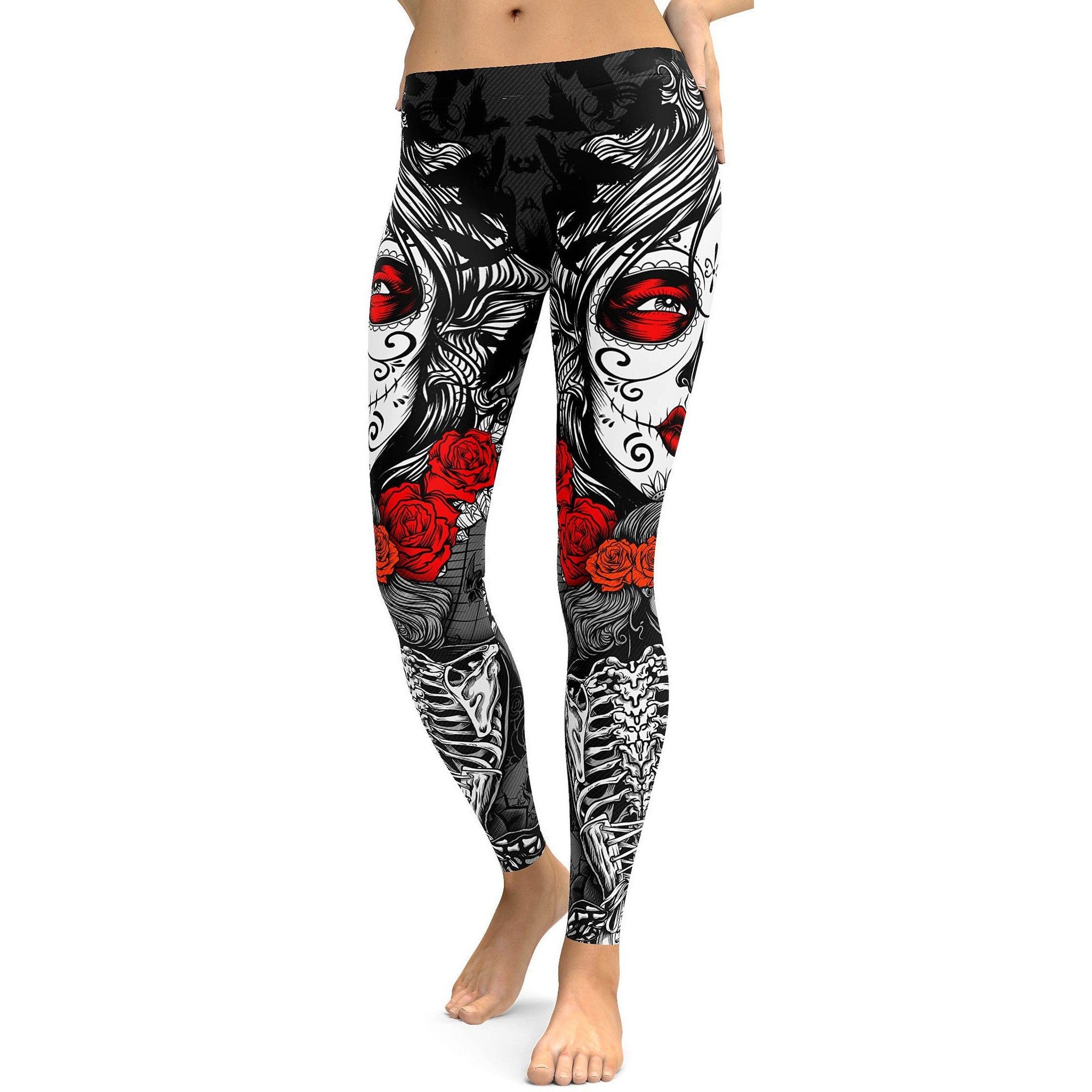 Womens Workout Yoga Skeleton Sugar Skull Leggings White/Black/Red | Gearbunch.com