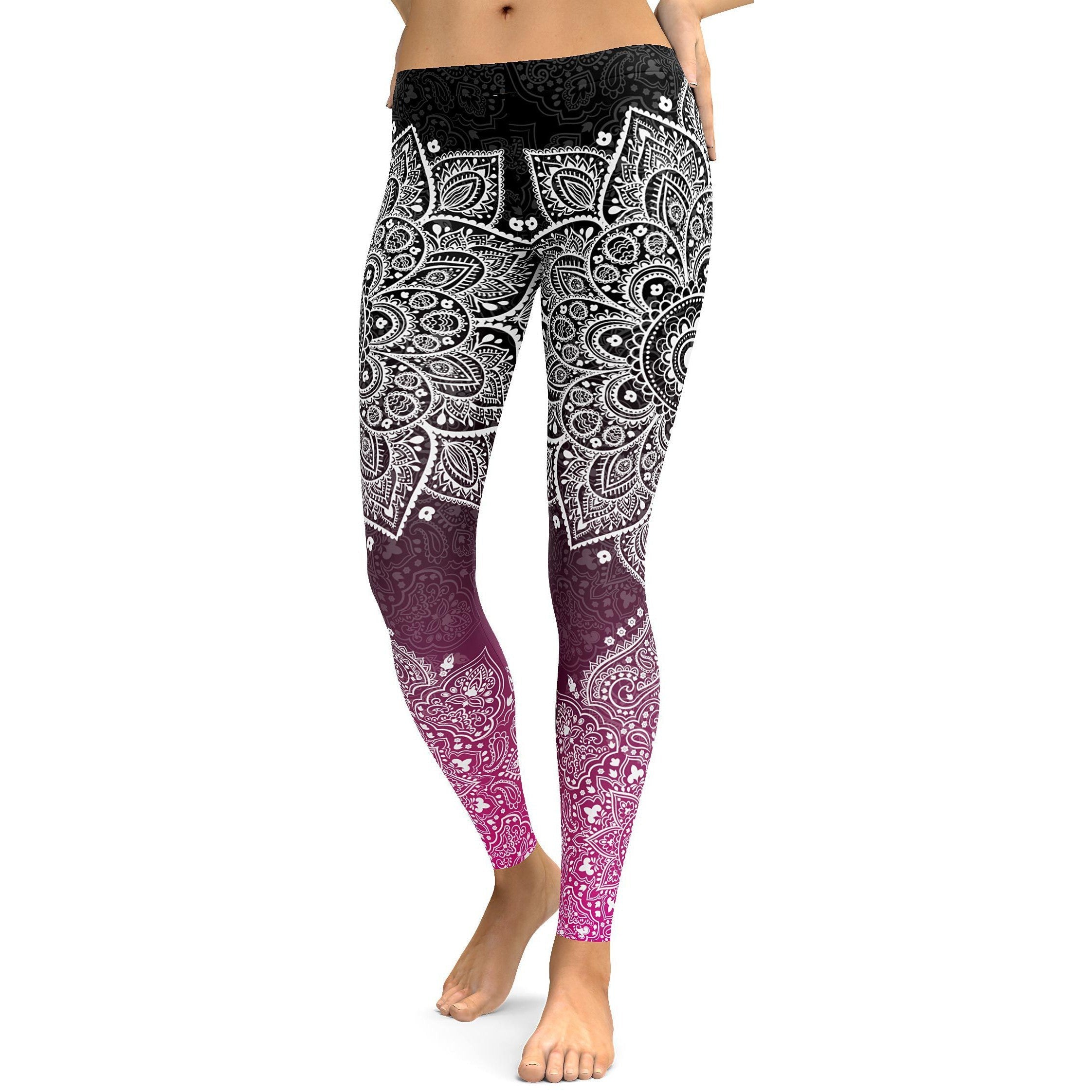 Womens Workout Yoga Black & White to Pink Mandala Leggings | Gear Bunch