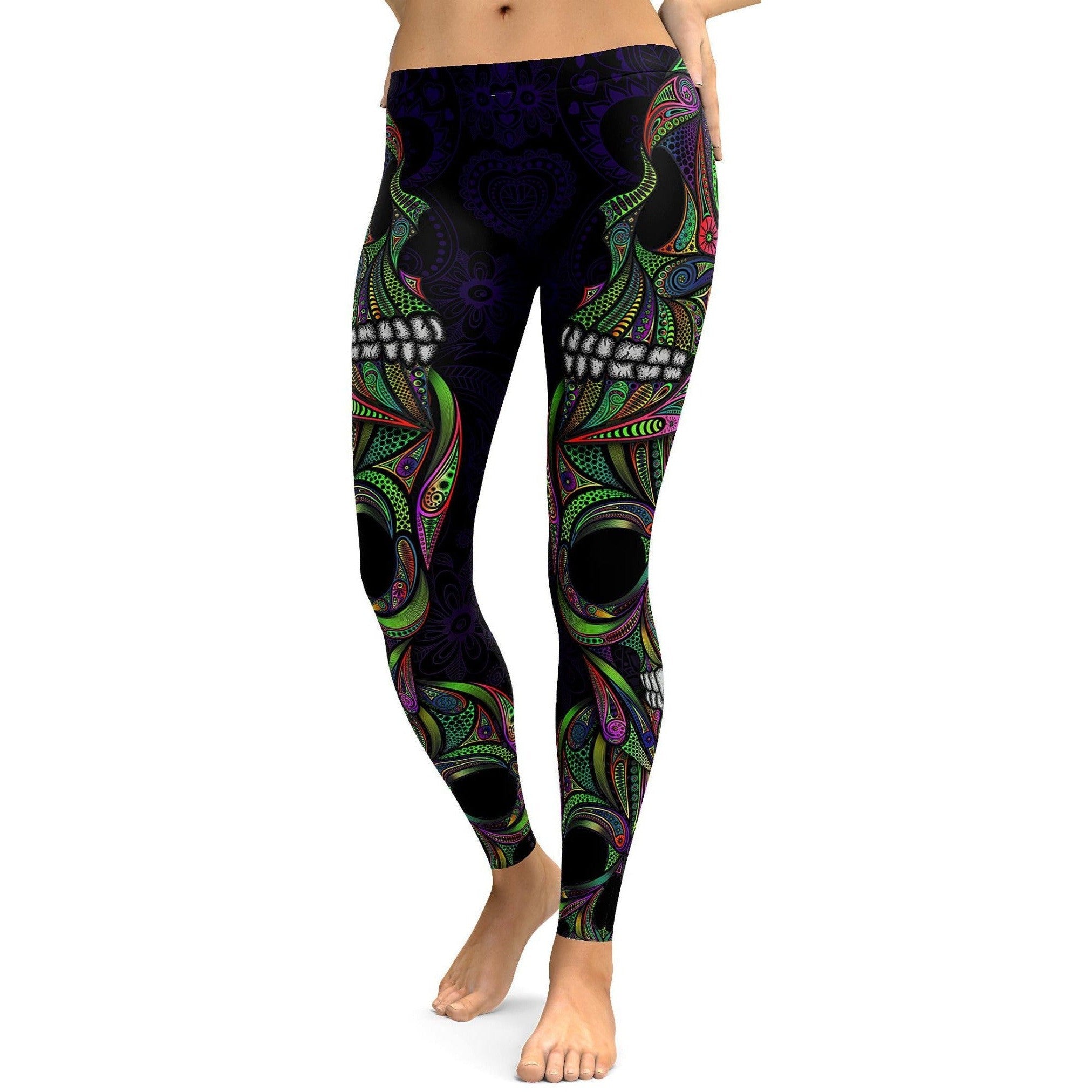 Colorful Green Ornament Skull Leggings - GearBunch Leggings / Yoga Pants