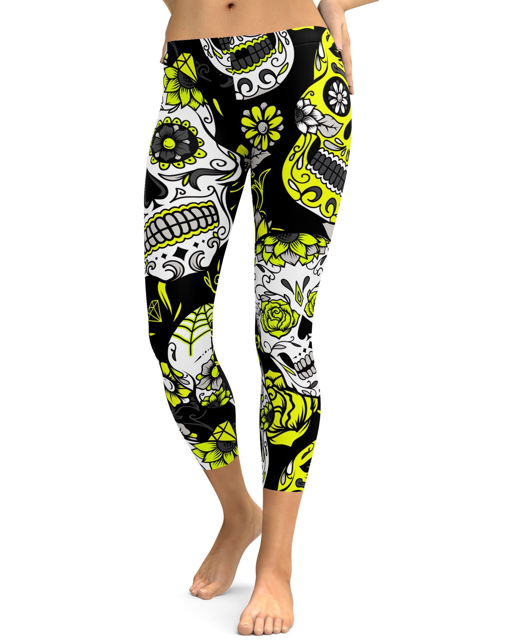Sassy Yellow Sugar Skull Capris - GearBunch Leggings / Yoga Pants