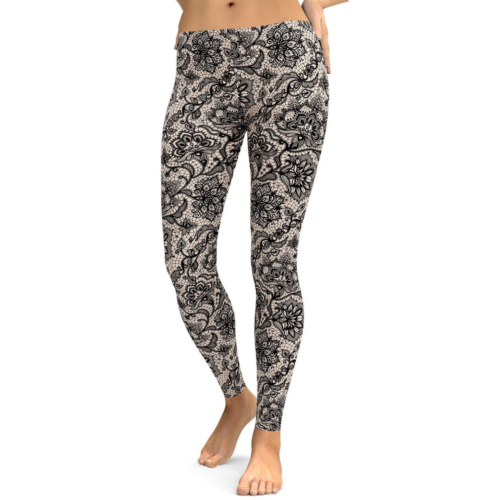 Womens Workout Yoga Black Faux Lace Leggings Grey/Black | Gear Bunch