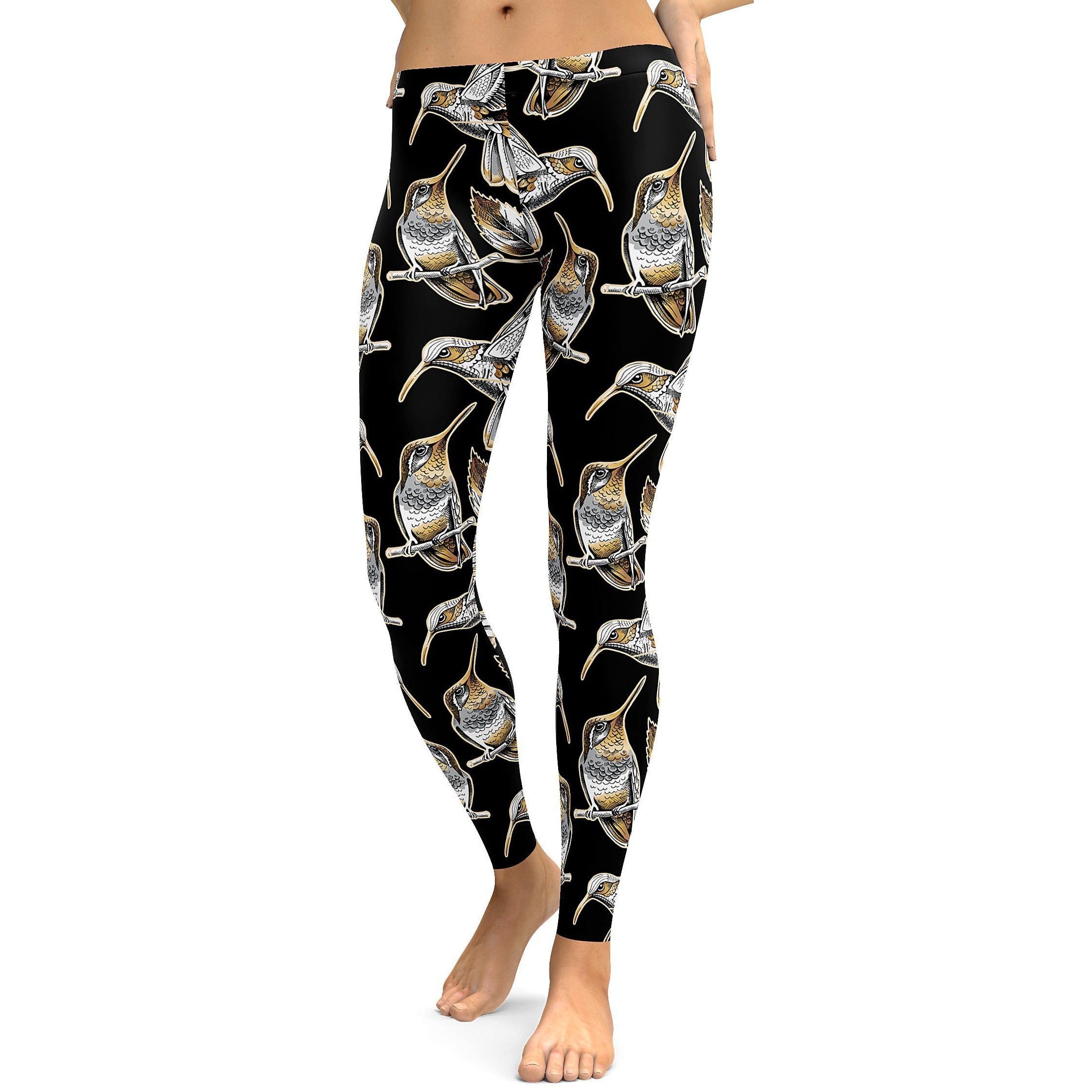 White&Gold Hummingbird Leggings - GearBunch Leggings / Yoga Pants